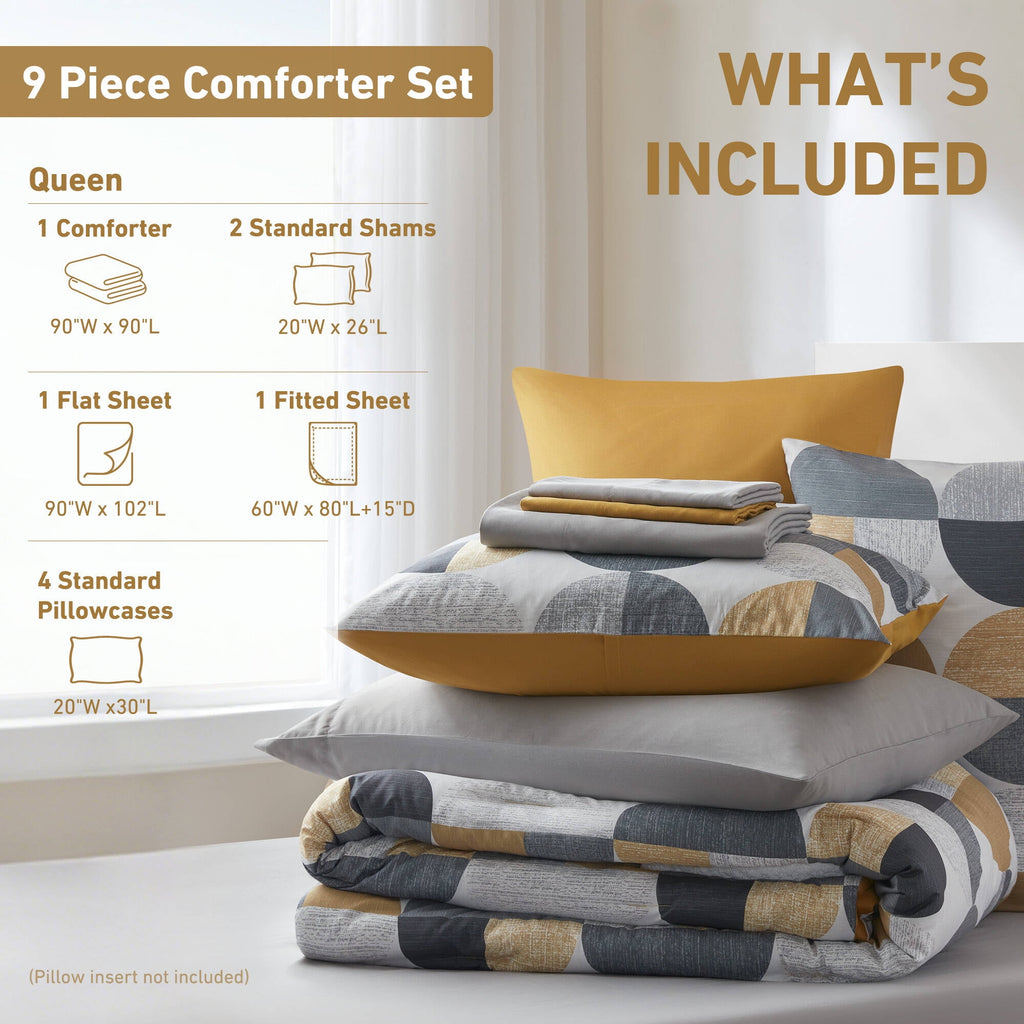 Regency Heights Queen Size Comforter Set, 9-Piece Bed in a Bag Queen, Round Geometric Print Bedding Comforter Set with Sheets, Yellow