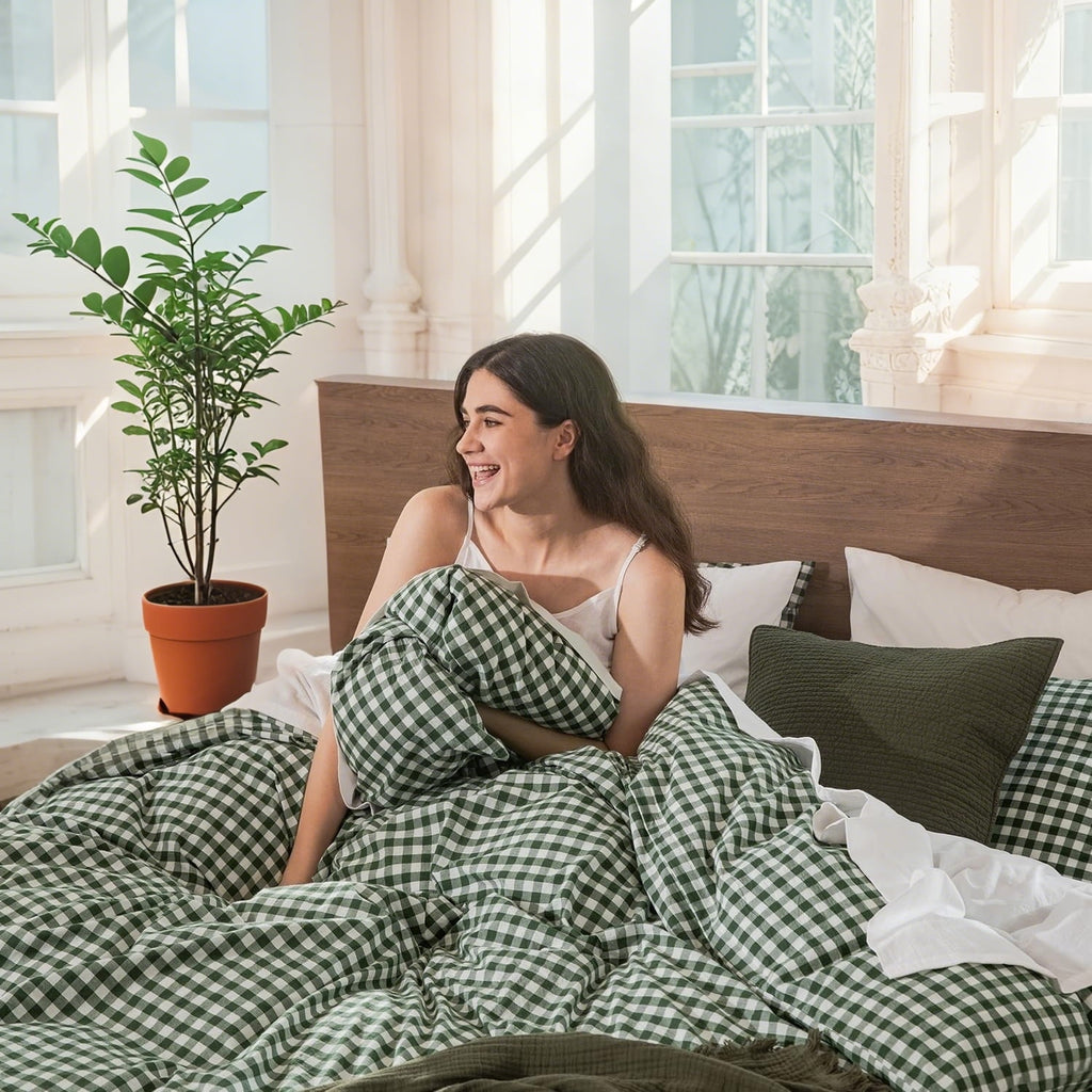 NAYOROOM 100% Organic Cotton Gingham Duvet Cover Queen Set, 3-Piece Linen Like Textured Breathable Soft Bedding Cover (Dark Green Gingham)
