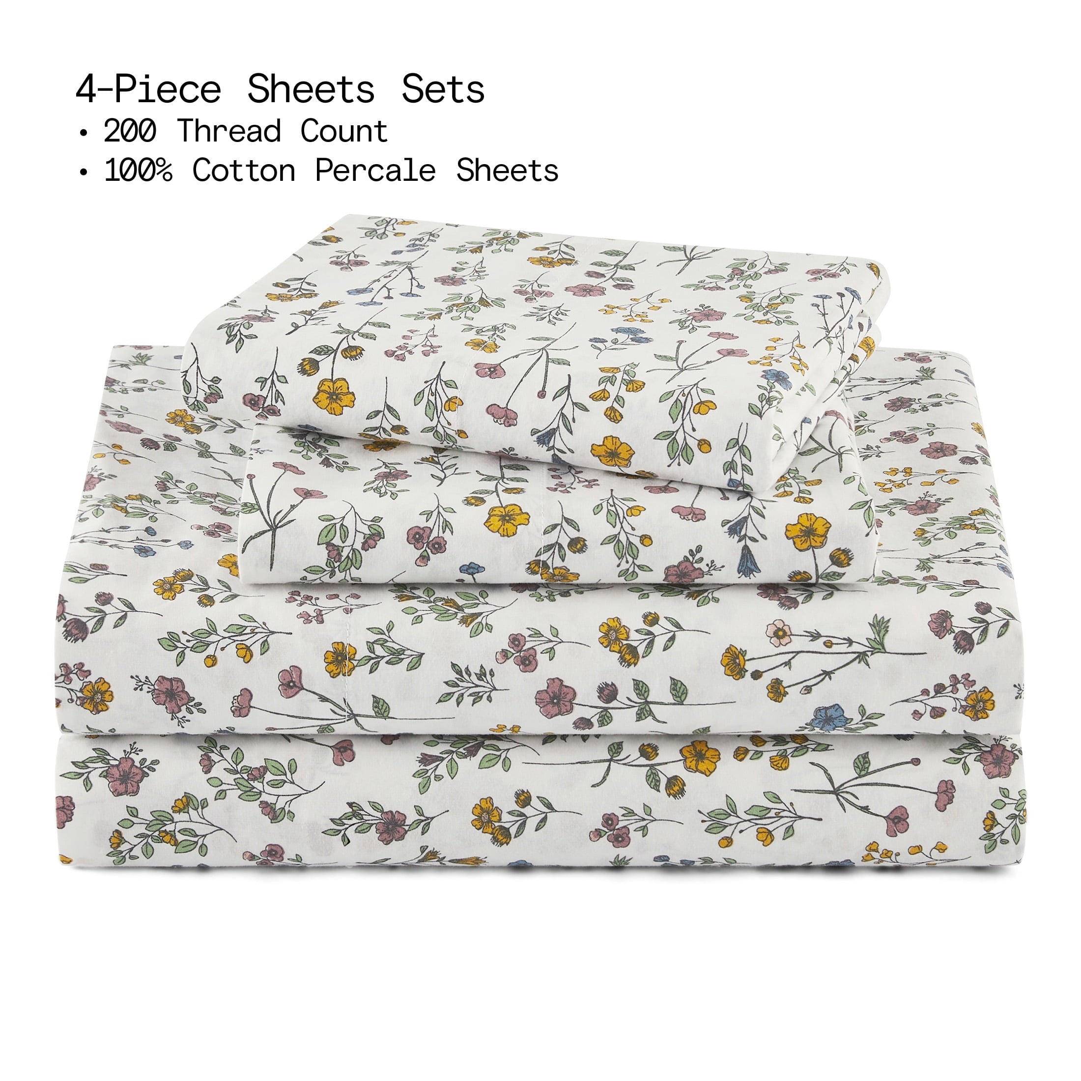 Beautiful Botanical 4-Piece 100% Cotton Washed Percale White Sheet Set, Queen by Drew Barrymore