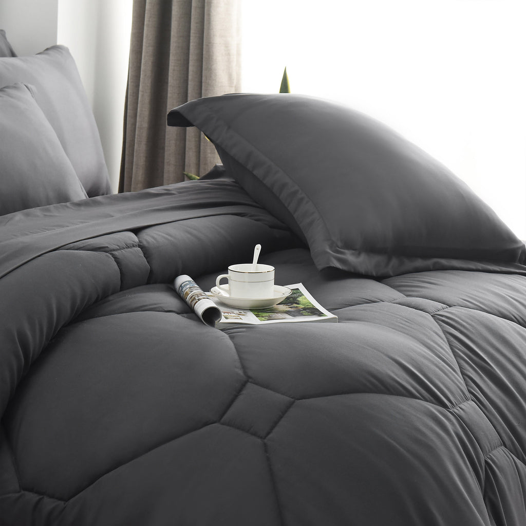 HIG 8 PCS Modern Comforter Set with Sheets All Season Bed in a Bag, Dark Gray, Queen Size