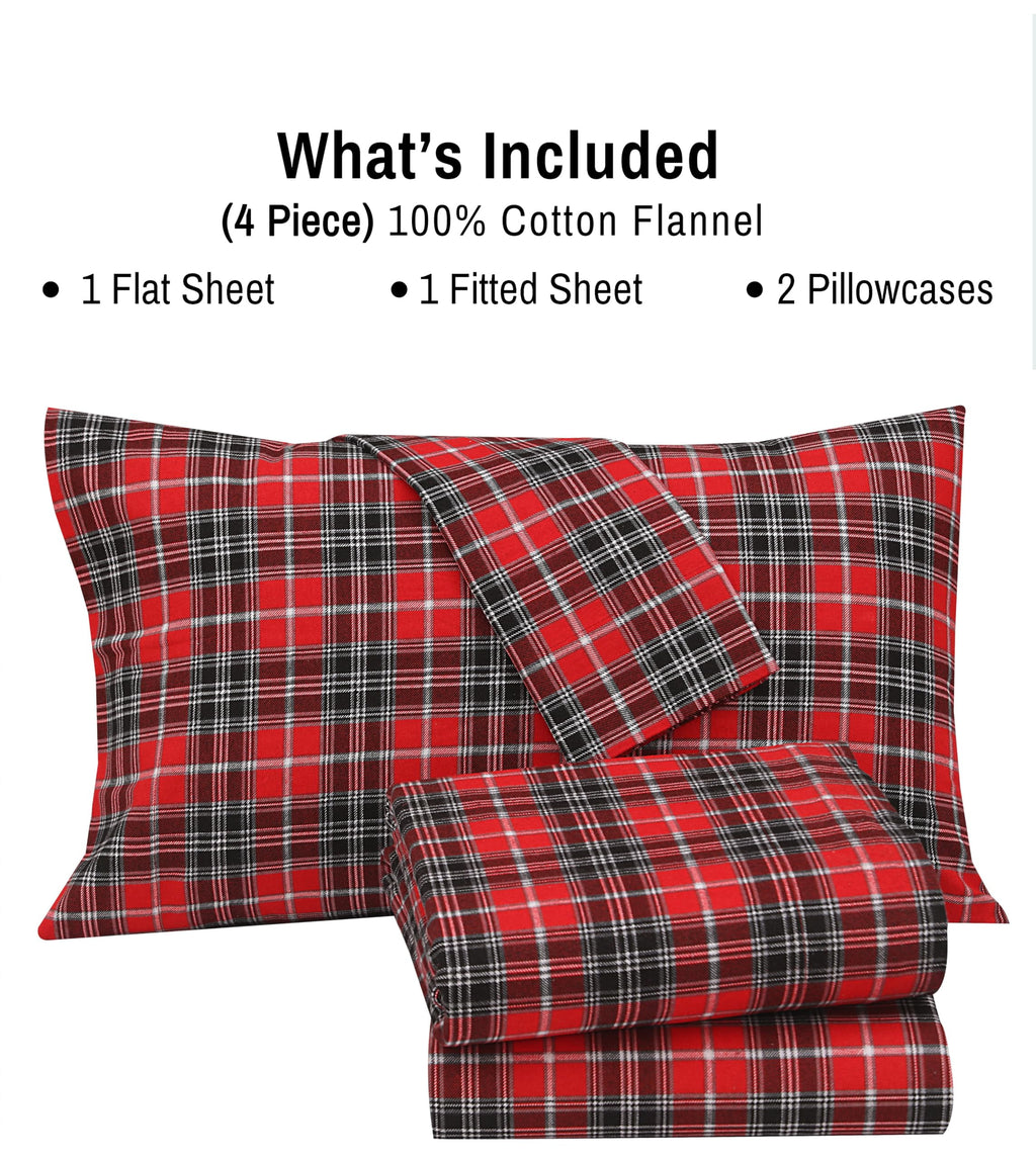RUVANTI Flannel Sheets Queen Size - 100% Cotton Double Brushed Bed Sheets, Deep Pockets 16 Inches Queen Sheet Set, All Seasons Breathable & Extra Soft - Warm & Cozy, 4 Piece, Red Plaid