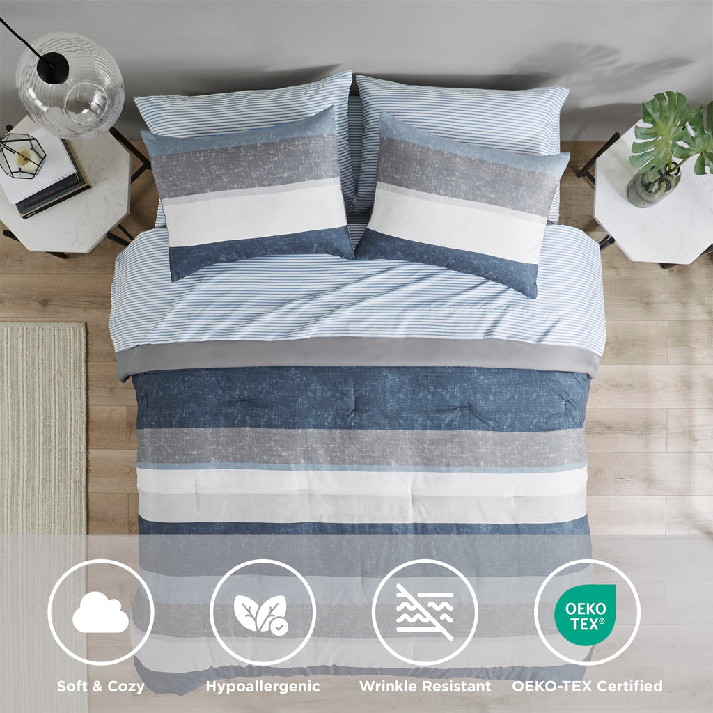 Regency Heights 5 Piece Stripe Comforter Set, Twin Size Bed in a Bag Bedding Set for Dorm Room, Comforter Bed Set with Flat Sheet and Fitted Sheet, Blue Grey