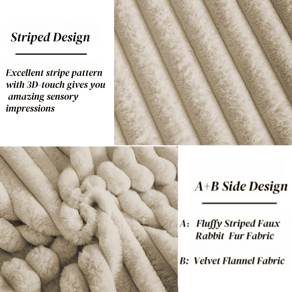 JOLUSERE Beige Fluffy Striped Duvet Cover Queen Set, 3-Piece Super Soft Faux Rabbit Fur Winter Warm Fuzzy Comforter Cover