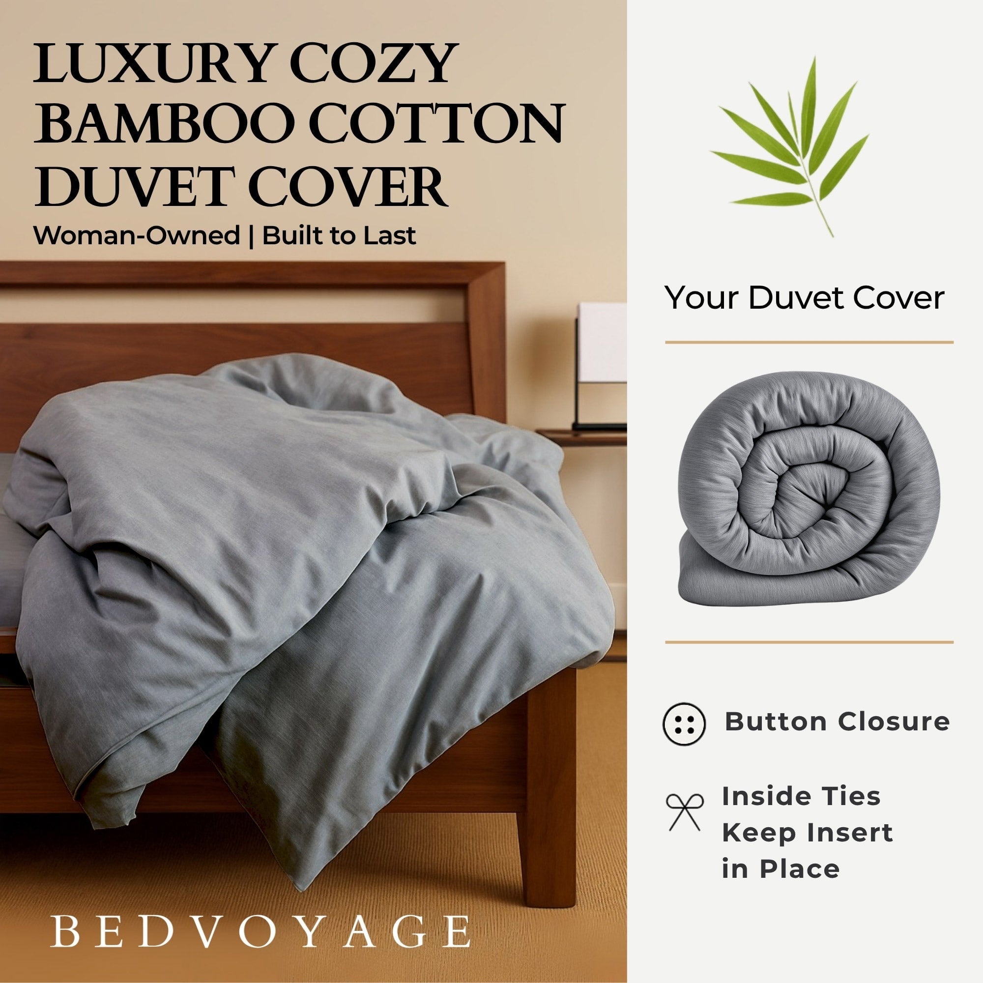 BedVoyage Queen Size Duvet Cover, Lightweight Soft and Breathable, Button Closure & Inside Corner Ties, 90x94, Viscose Derived from Bamboo & Cotton Blend, All Season Comforter Cover, Queen - Silver