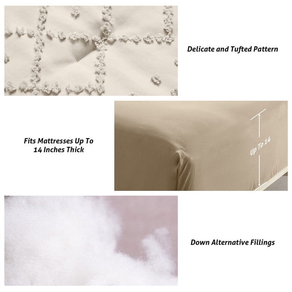 JUSTLET Comforter Set 7 Pieces Bed in a Bag, Beige Reversible Tufted Bedding Set with Comforter, Fitted Sheet, Flat Sheet, Pillow Shams, Pillowcases, Queen