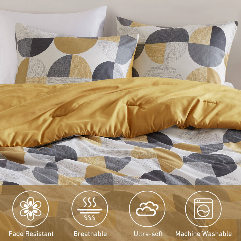 Regency Heights Queen Size Comforter Set, 9-Piece Bed in a Bag Queen, Round Geometric Print Bedding Comforter Set with Sheets, Yellow