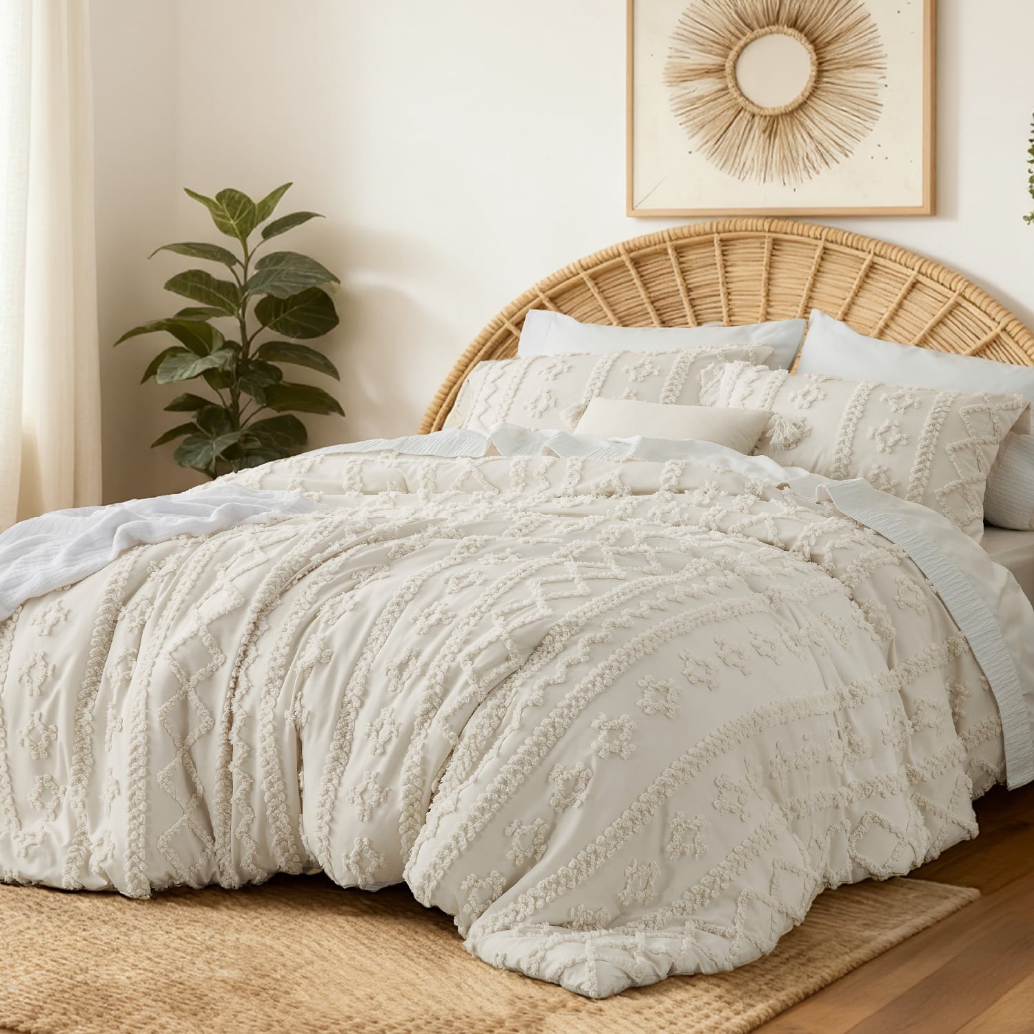 U by Bedsure Tufted Boho Comforter Set Queen, Beige, 3 Pieces Farmhouse Shabby Chic Embroidery Bed Set, Soft Jacquard Comforter for All Seasons