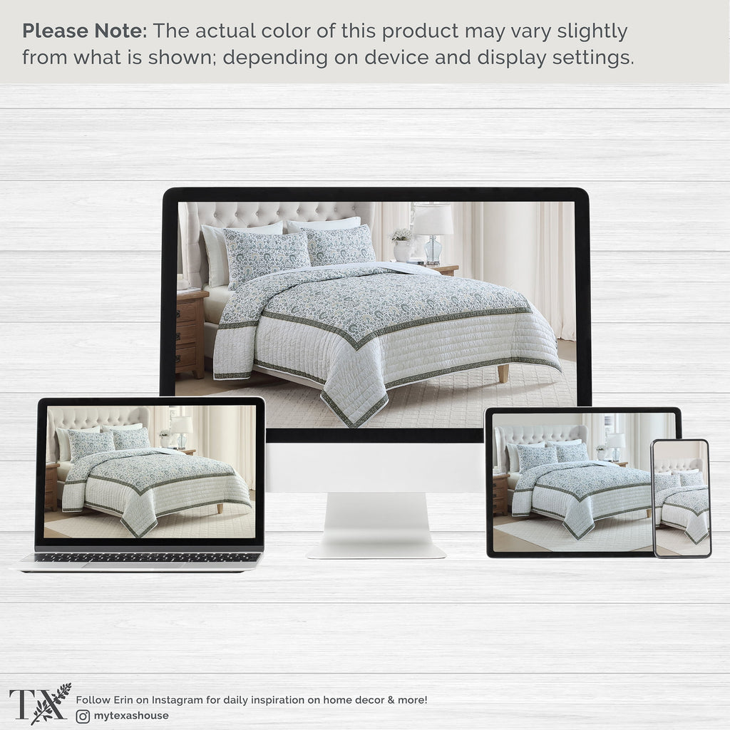 My Texas House Full/Queen Quilt Set, All-Season, 3-Piece, Sage Capri Jacobean Floral