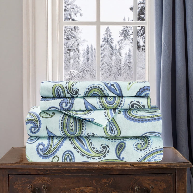 Superior Paisley Flannel Cotton Sheet Set, California King, Light Blue