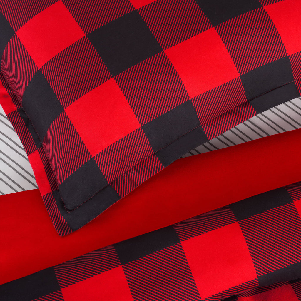 Serta Simply Clean Alex Red Buffalo Check Plaid 7-Piece Bedding Set, King