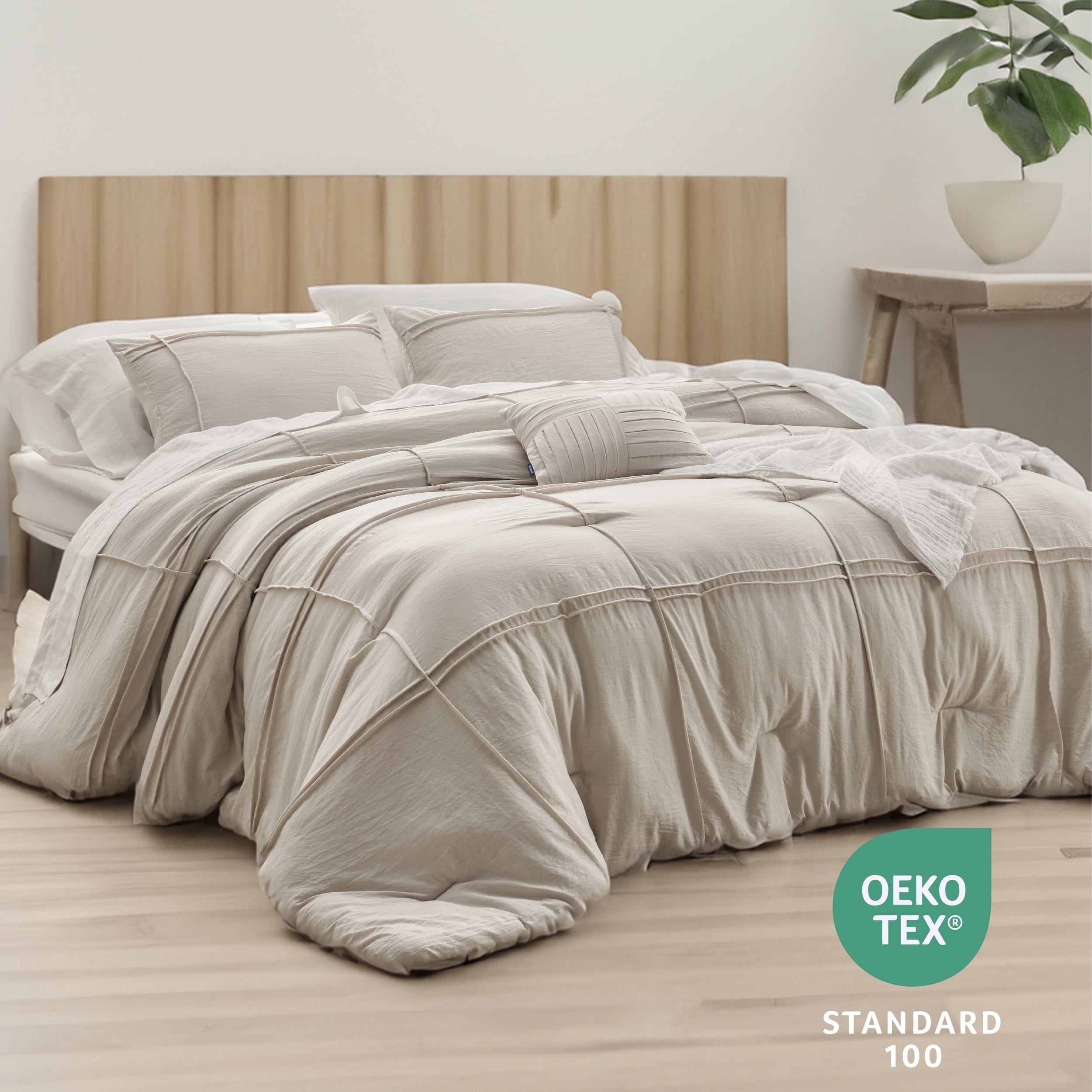 Full Comforter Set with Sheet - 4 Pieces Soft Grey Bedding Sets, Grid Pinch Pleat, All Season Lightweight Fluffy Bed Set with Solid Boho Comforter, Pillowcases & Sheet