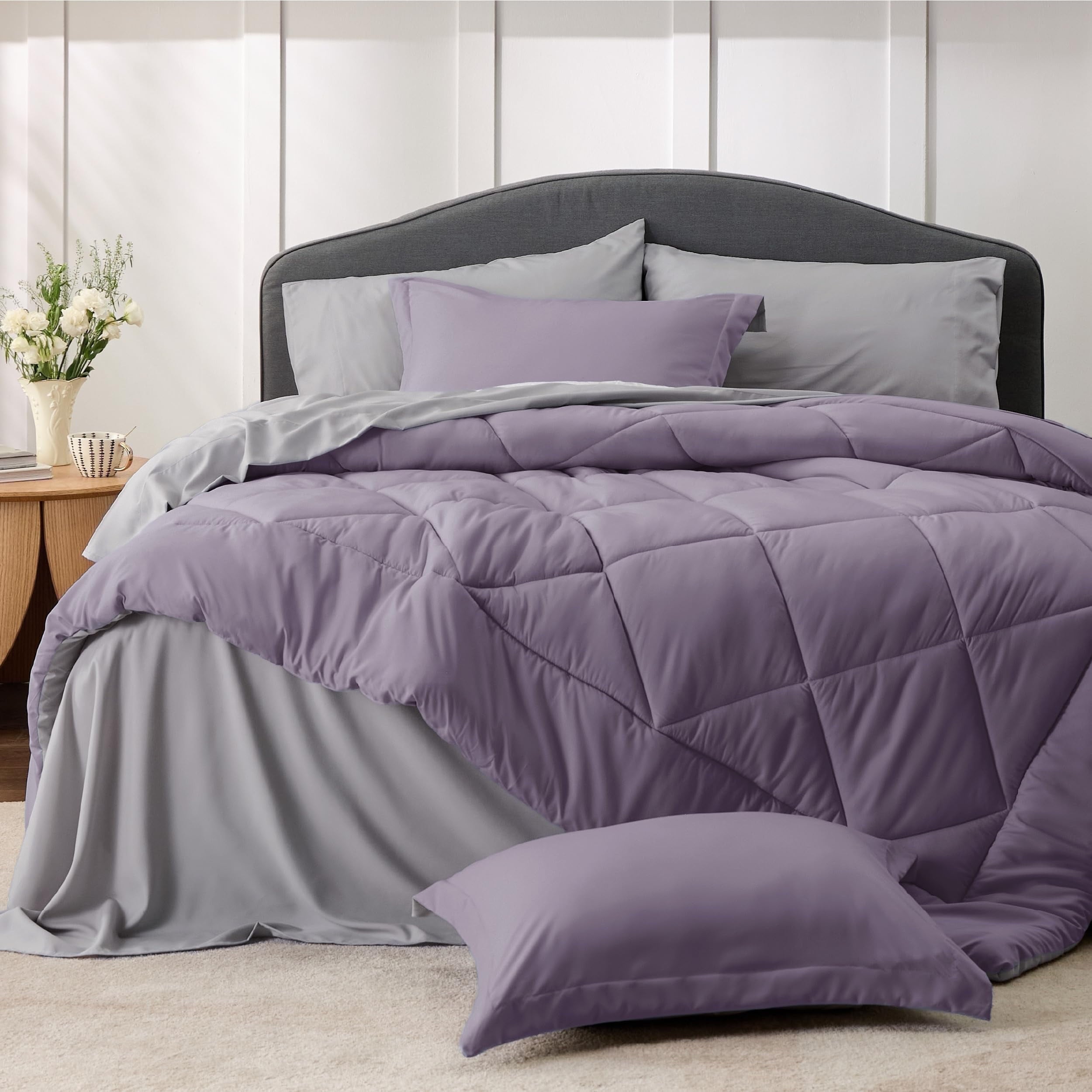 U by Bedsure Light Purple Twin Comforter Set - 5 Pieces Reversible Twin Bed in a Bag, Twin Bed Set Light Purple and Grey with Comforters, Sheets, Pillowcase & Sham