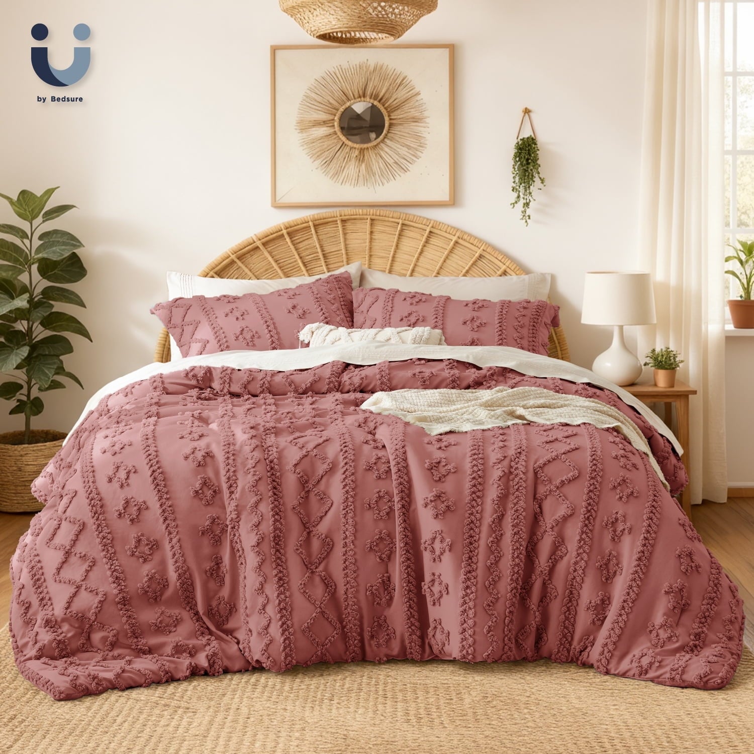 U by Bedsure Tufted Boho Comforter Set Queen, Beige, 3 Pieces Farmhouse Shabby Chic Embroidery Bed Set, Soft Jacquard Comforter for All Seasons