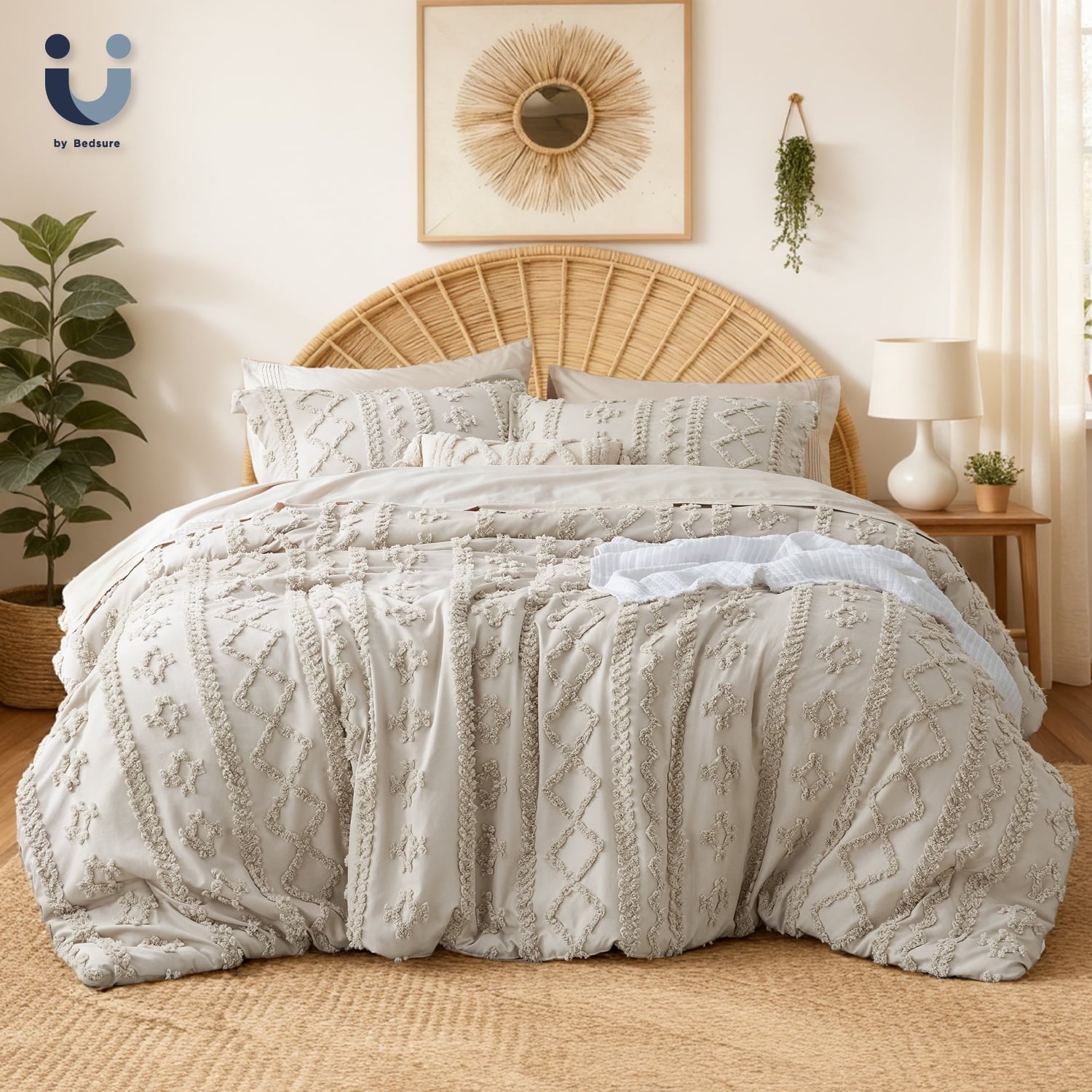 U by Bedsure Tufted Boho Comforter Set Queen, Beige, 3 Pieces Farmhouse Shabby Chic Embroidery Bed Set, Soft Jacquard Comforter for All Seasons
