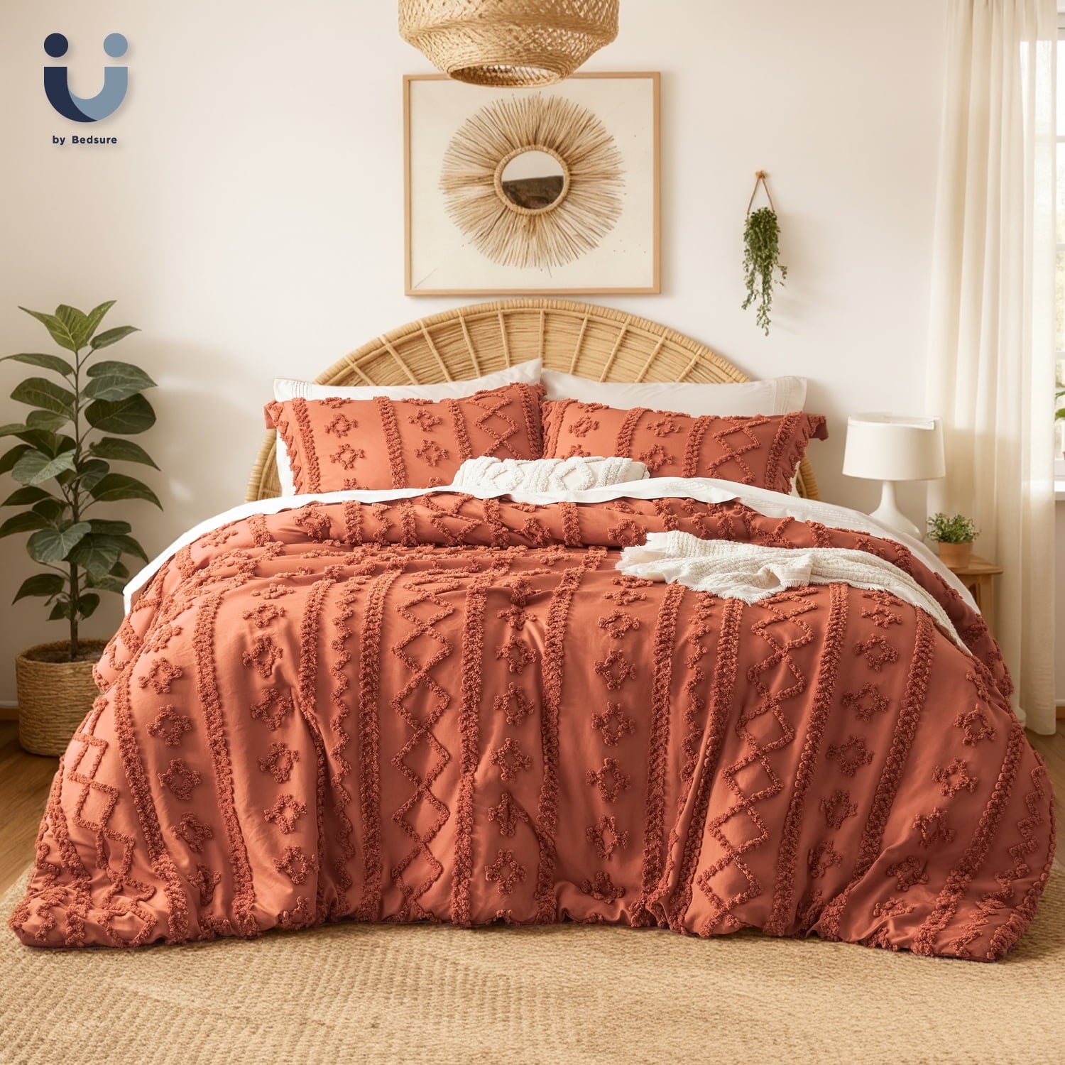 U by Bedsure Tufted Boho Comforter Set Queen, Beige, 3 Pieces Farmhouse Shabby Chic Embroidery Bed Set, Soft Jacquard Comforter for All Seasons