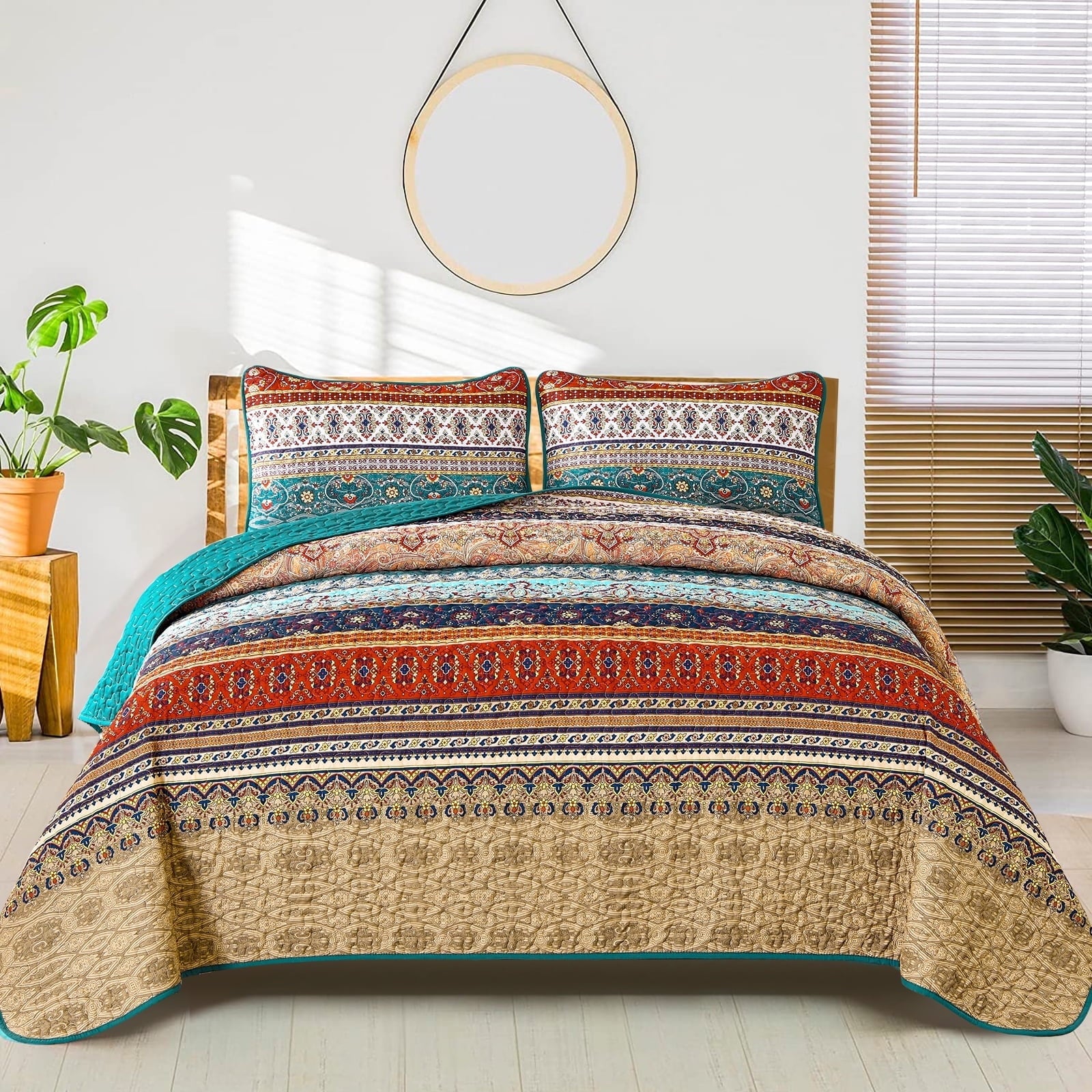 Dintszyayue Bohemian Quilt Set Queen Size,Blue Stripe 1Bedspread and 2Pillowcase Lightweight Adult(90"x96")
