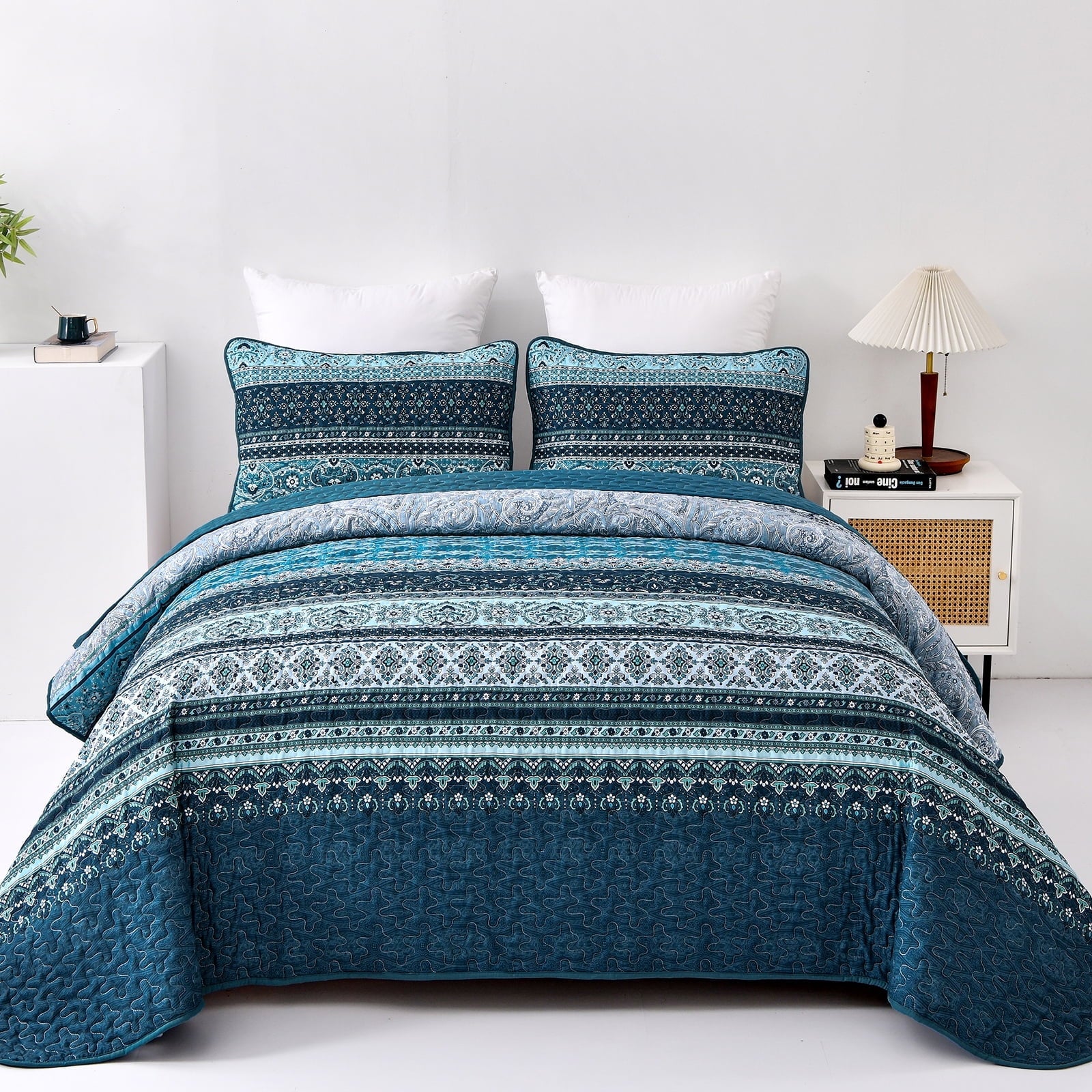Dintszyayue Bohemian Quilt Set Queen Size,Blue Stripe 1Bedspread and 2Pillowcase Lightweight Adult(90"x96")