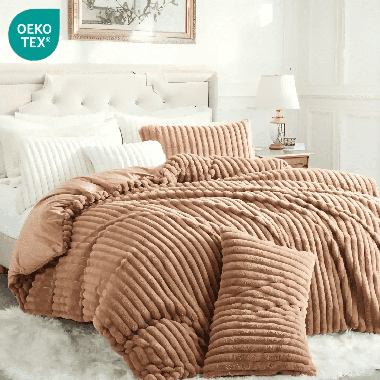 JOLUSERE Beige Fluffy Striped Duvet Cover Queen Set, 3-Piece Super Soft Faux Rabbit Fur Winter Warm Fuzzy Comforter Cover