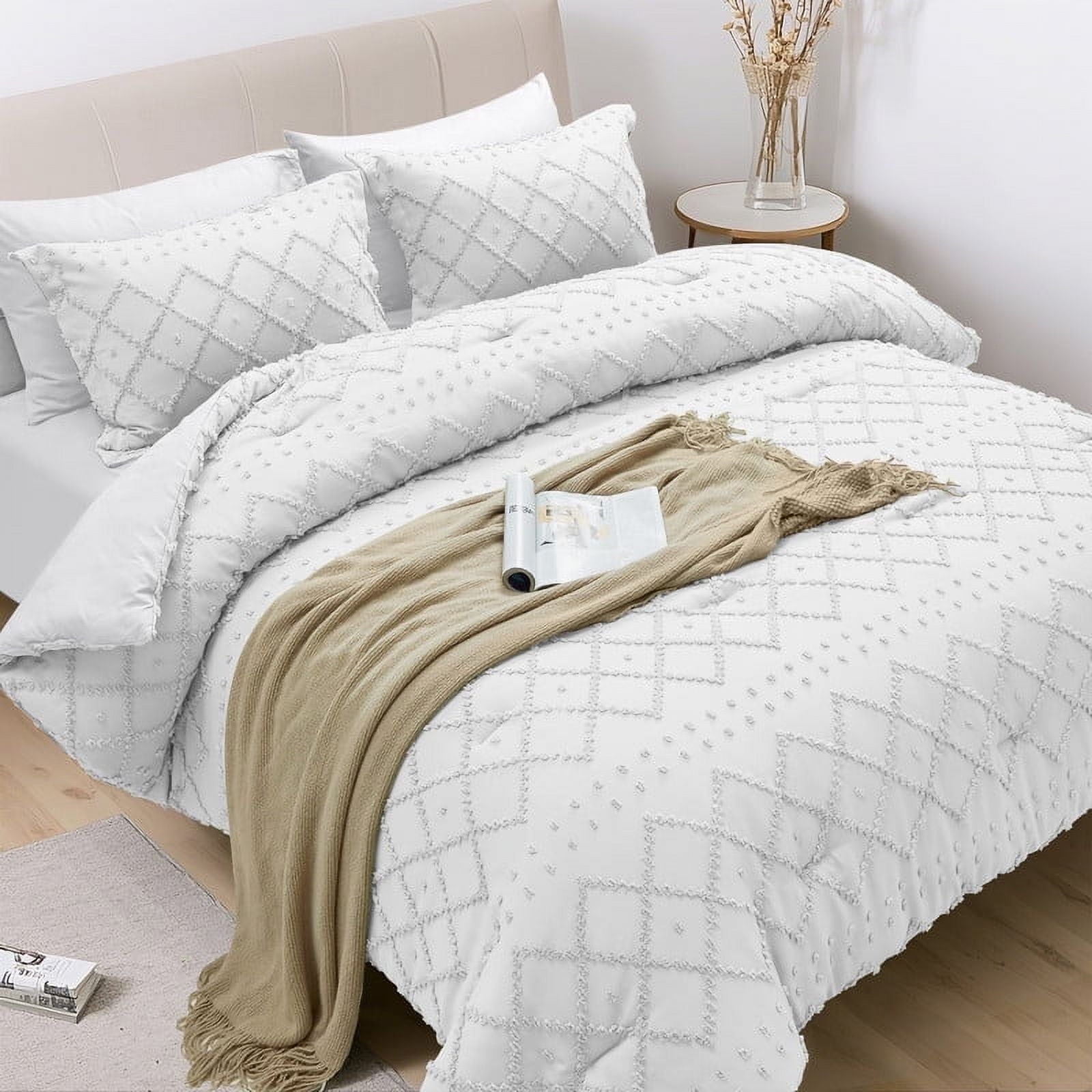 JUSTLET Comforter Set 7 Pieces Bed in a Bag, Beige Reversible Tufted Bedding Set with Comforter, Fitted Sheet, Flat Sheet, Pillow Shams, Pillowcases, Queen