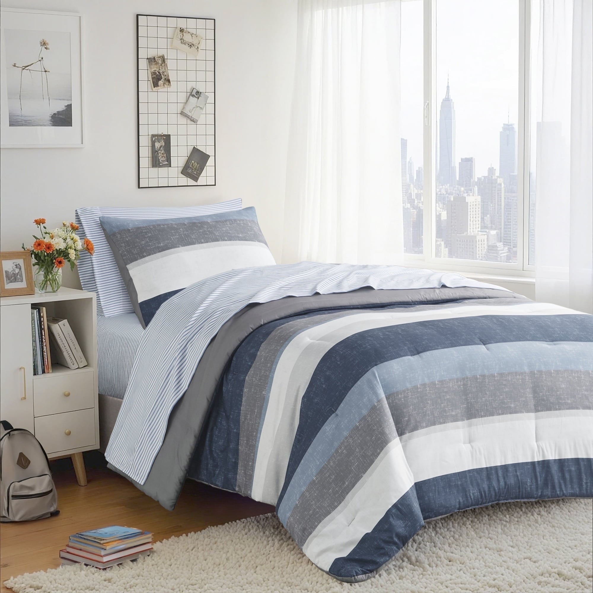 Regency Heights 5 Piece Stripe Comforter Set, Twin Size Bed in a Bag Bedding Set for Dorm Room, Comforter Bed Set with Flat Sheet and Fitted Sheet, Blue Grey