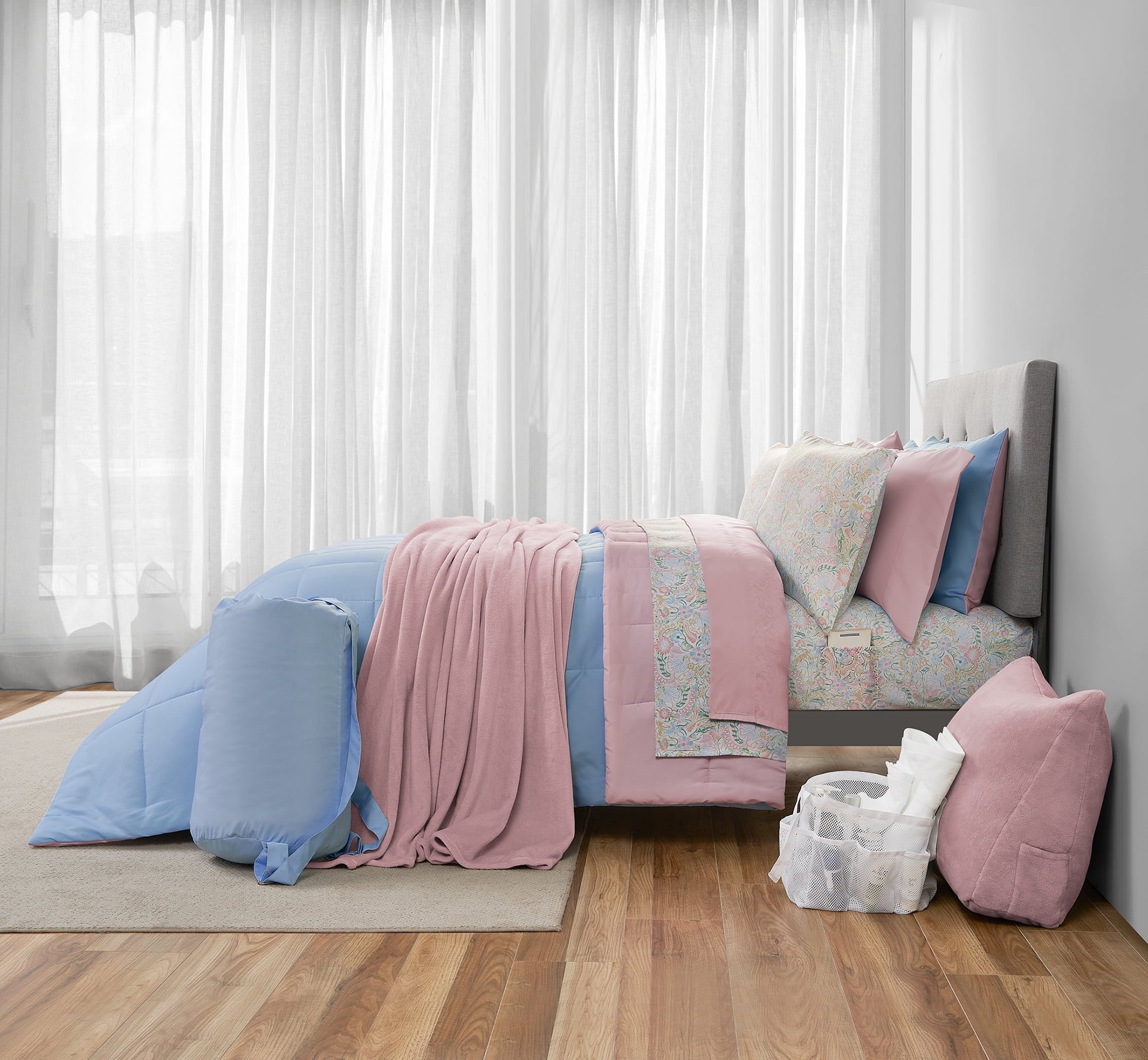 14pc College Dorm Essentials Bundle, Twin-XL, Reversible Bed in a Bag Comforter Set, Purple Floral