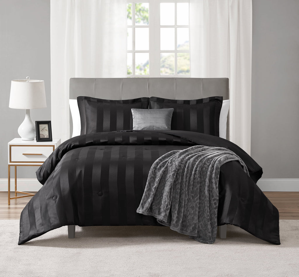Mainstays Rich Black 5 Piece Damask Stripe Comforter Set, Full/Queen, Adult, Unisex