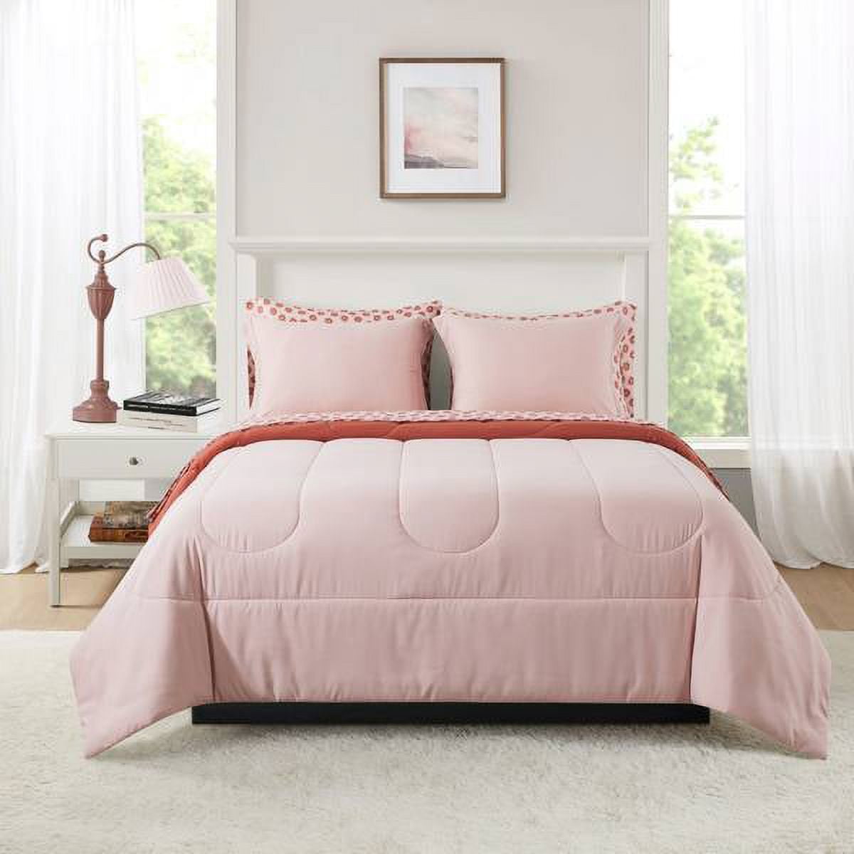 Mainstays 7-Piece Reversible Bed in a Bag Comforter Set with Sheets, Pink, King