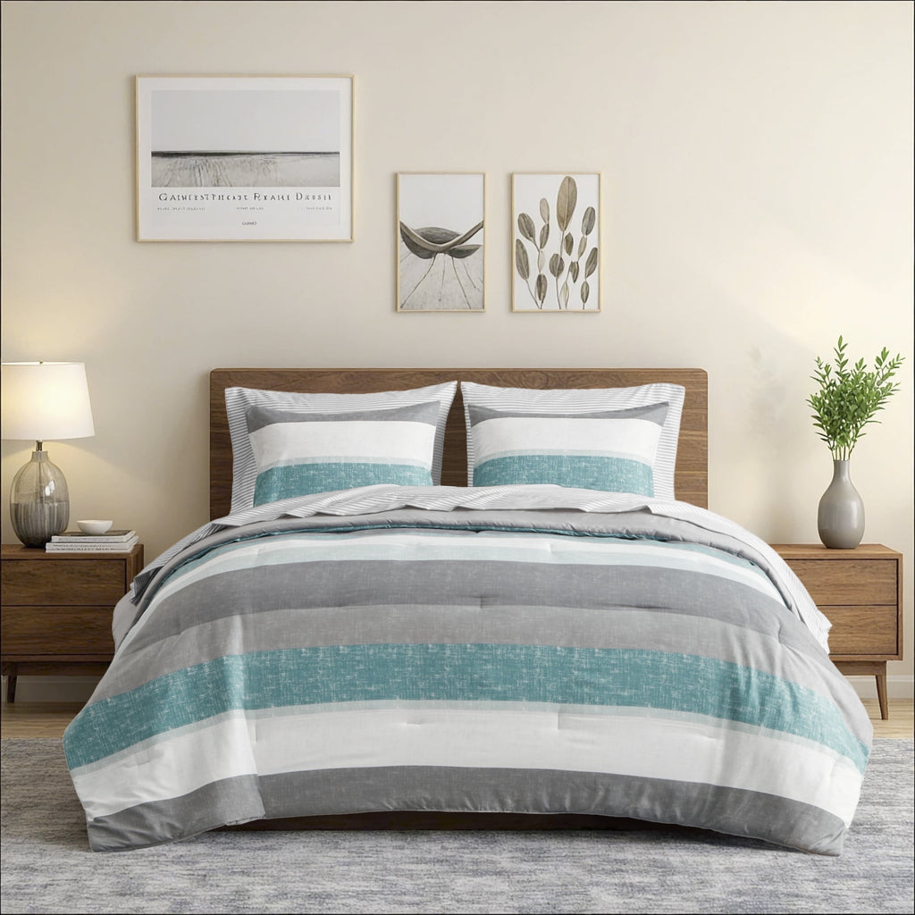Regency Heights 5 Piece Stripe Comforter Set, Twin Size Bed in a Bag Bedding Set for Dorm Room, Comforter Bed Set with Flat Sheet and Fitted Sheet, Blue Grey