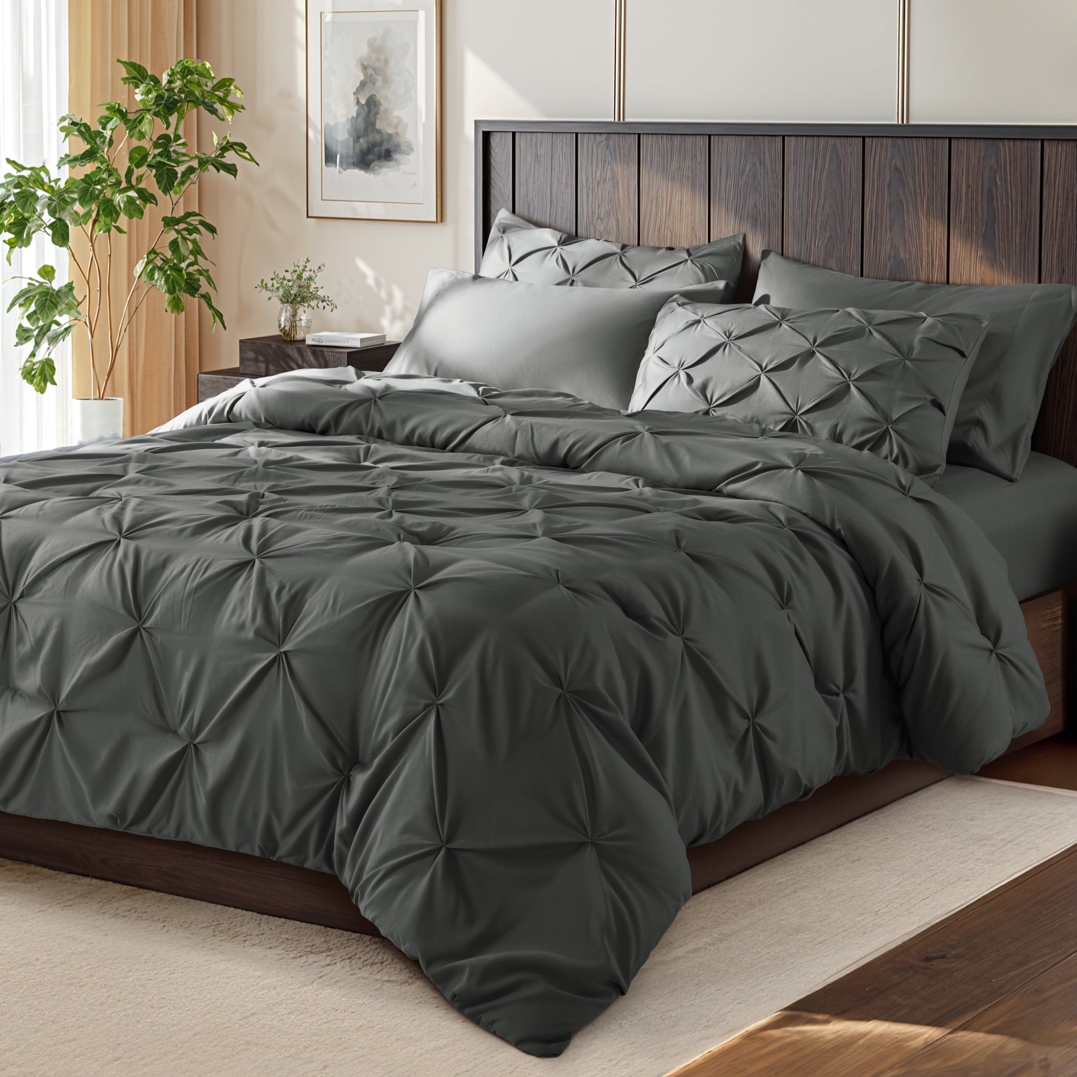 SONORO KATE Queen Comforter Set, 7 Pieces Bedding Sets for All Season, Bed in a Bag with Pleated Comforter - Flat Sheet & Fitted Sheet - Pillowcases & Shams, Gray