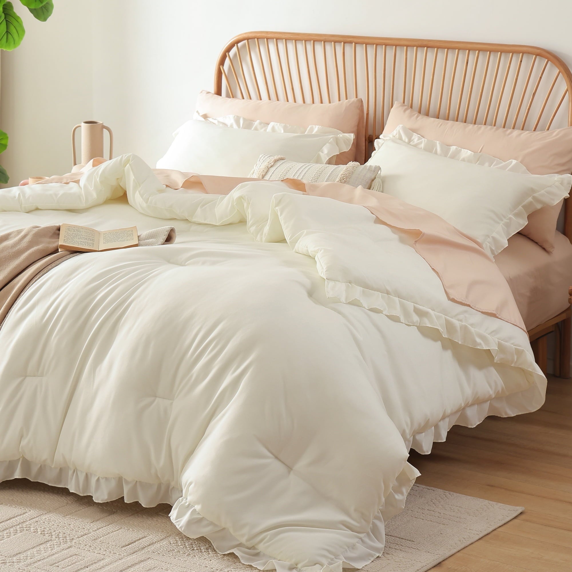 SPRINDAY Queen Comforter Set For Adult, 3 Piece Ruffle Oatmeal Comforter Sets All Season