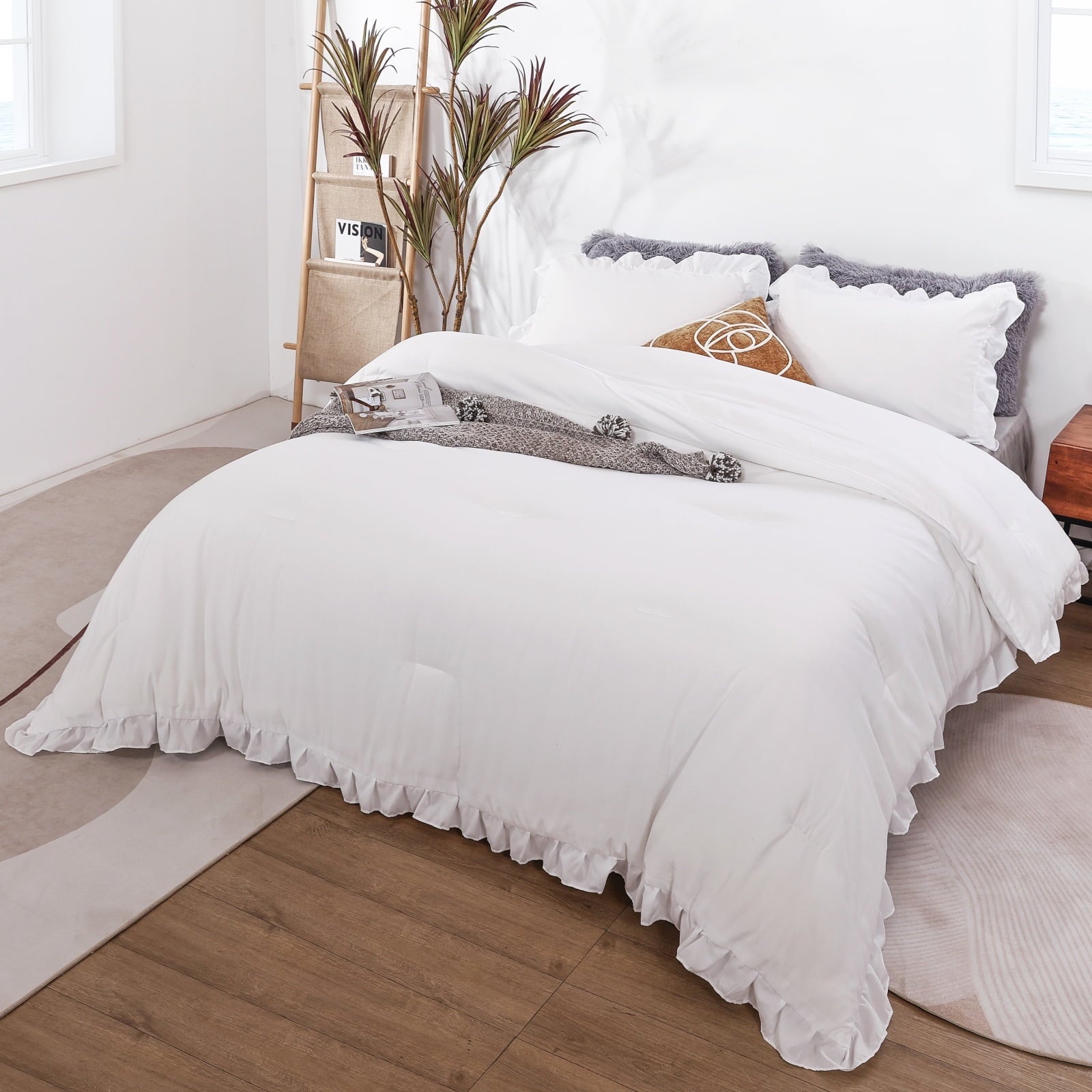 SPRINDAY Queen Comforter Set For Adult, 3 Piece Ruffle Oatmeal Comforter Sets All Season