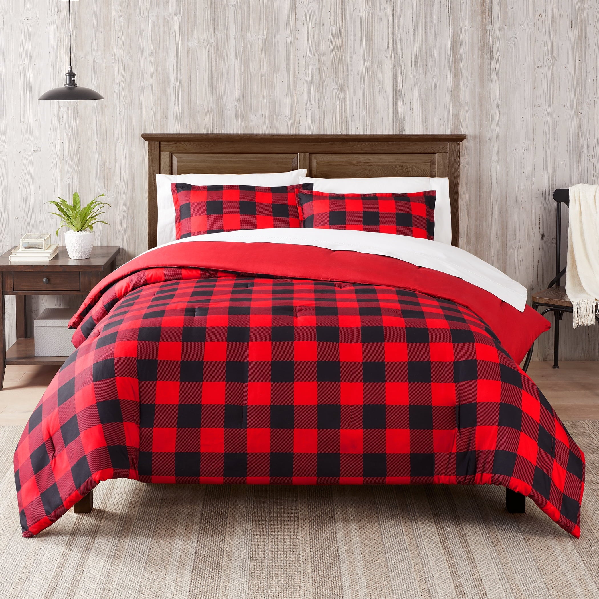 Serta Simply Clean Alex Red Buffalo Check Plaid 7-Piece Bedding Set, King