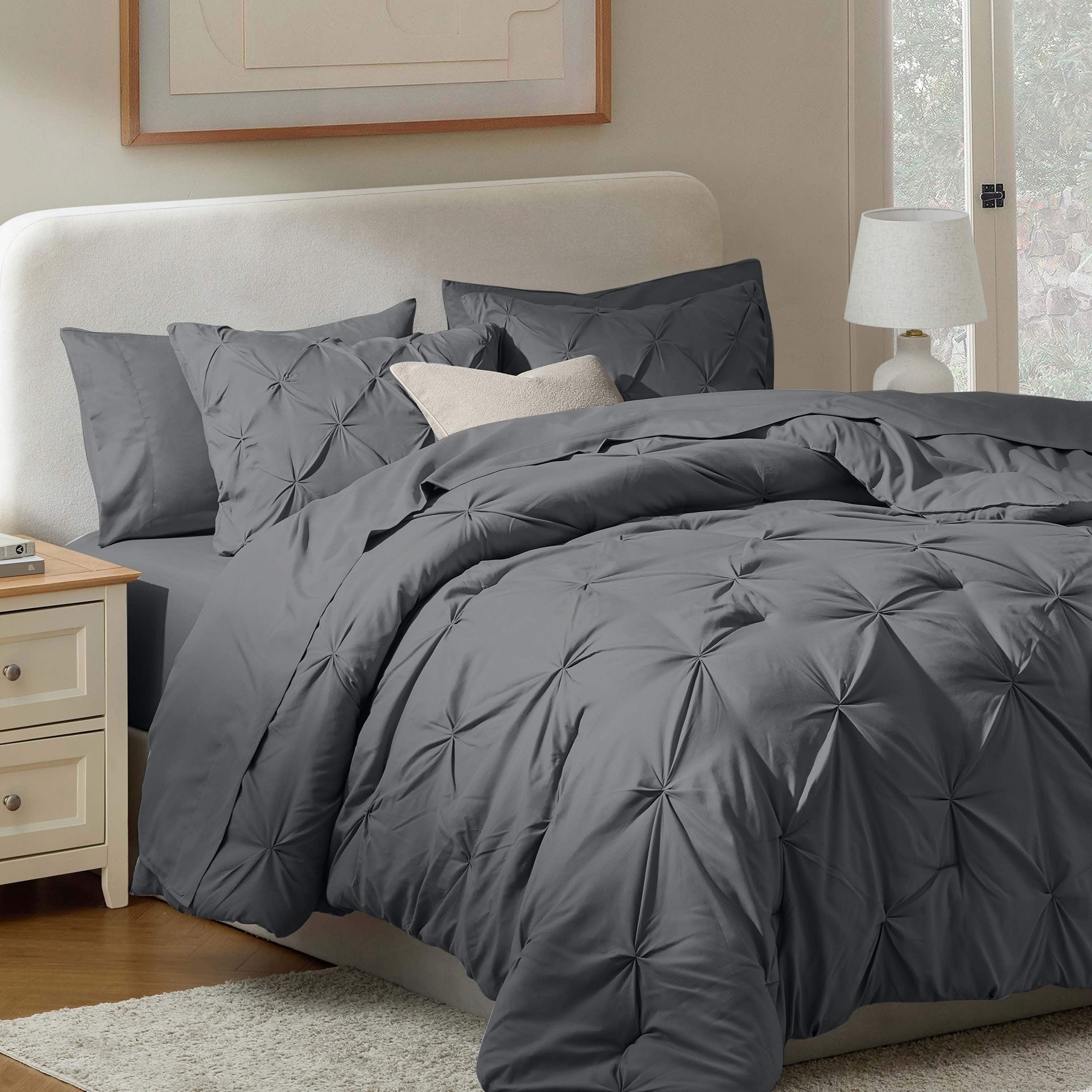 Virtu Queen Comforter Set, 7pc Bed in a Bag, Pleated Bedding Comforter Sets Queen, Gray/Silver