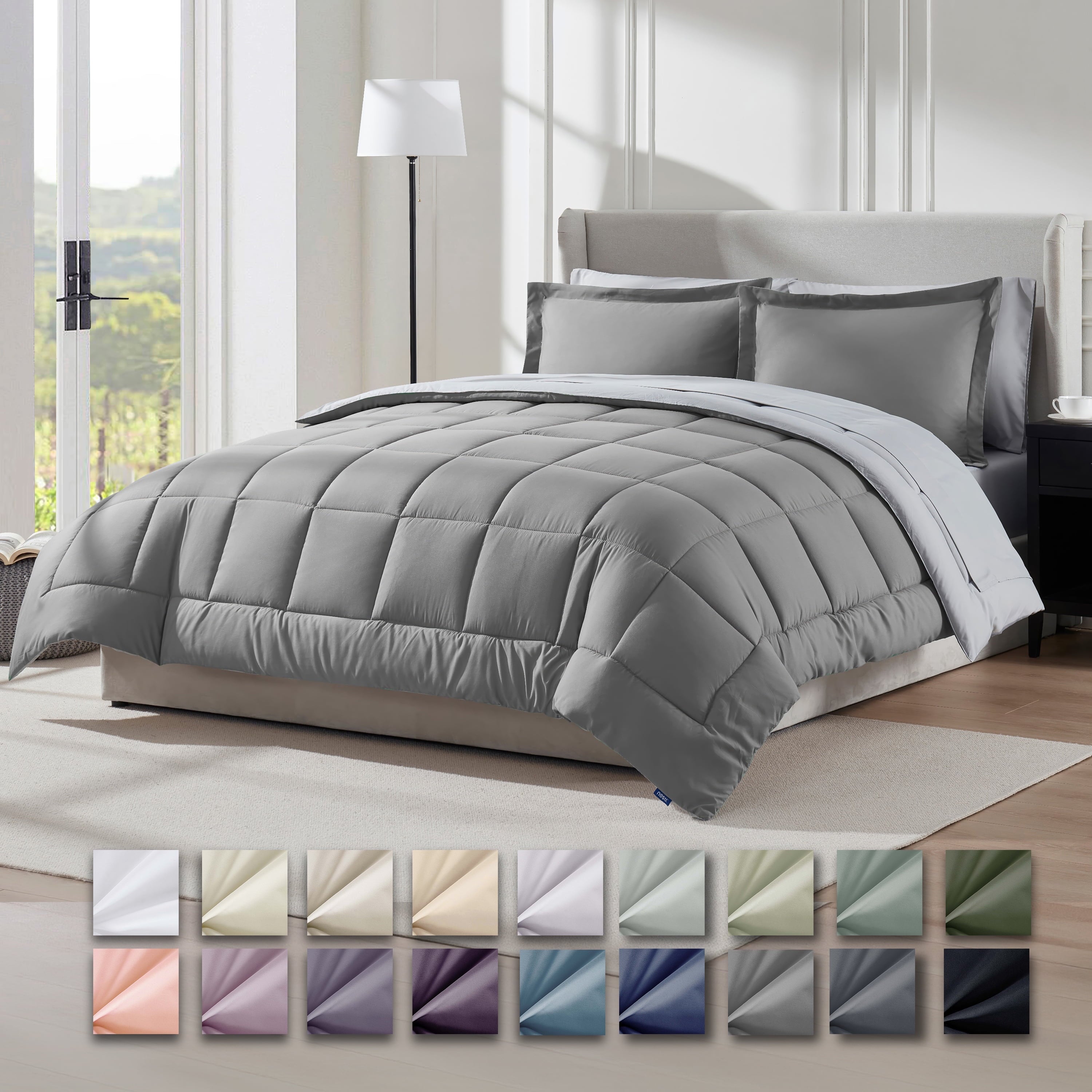 Virtu Queen Comforter Set, Bed in a bag, 7 Pc Reversible Bedding Comforter Set with Sheets, Bedding Set, Gray