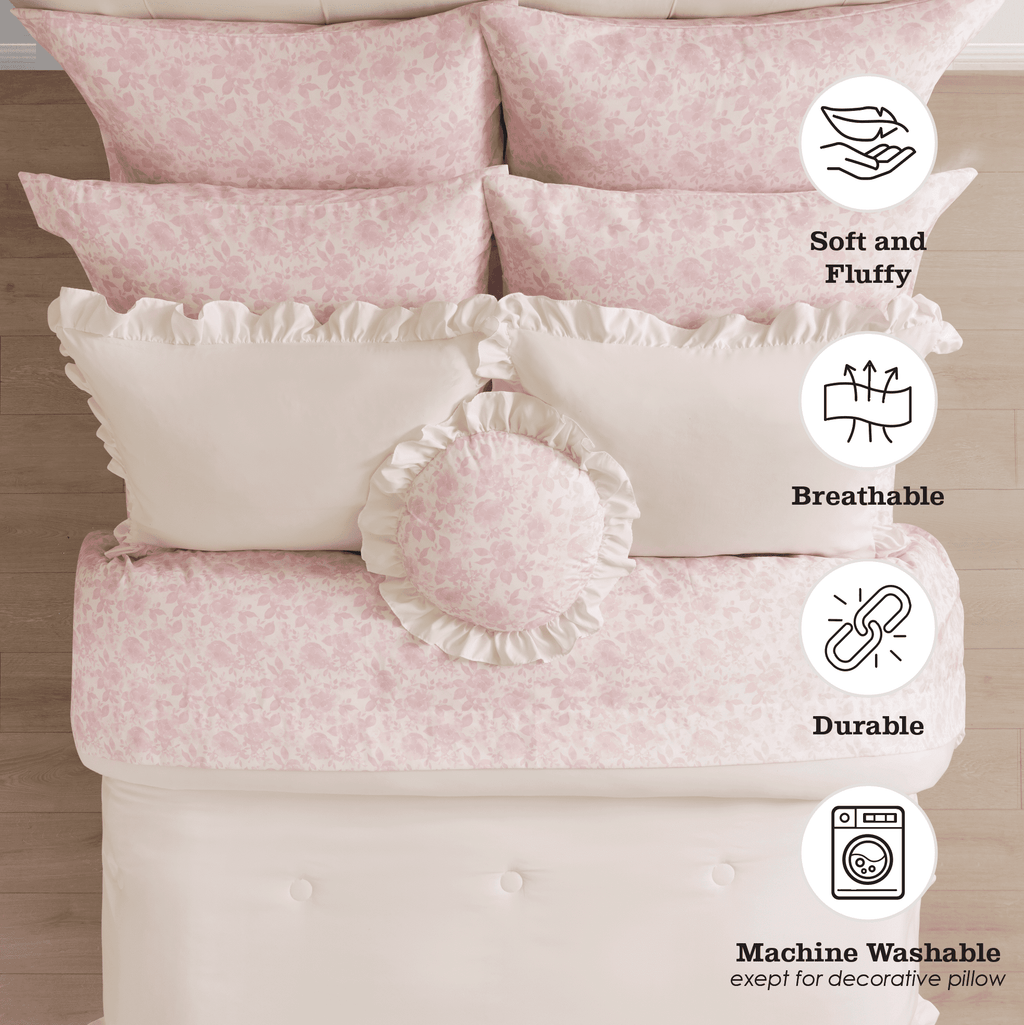 Mainstays 11-Piece Bed in a Bag Comforter Set with Sheets, Cream Ruffle, Queen