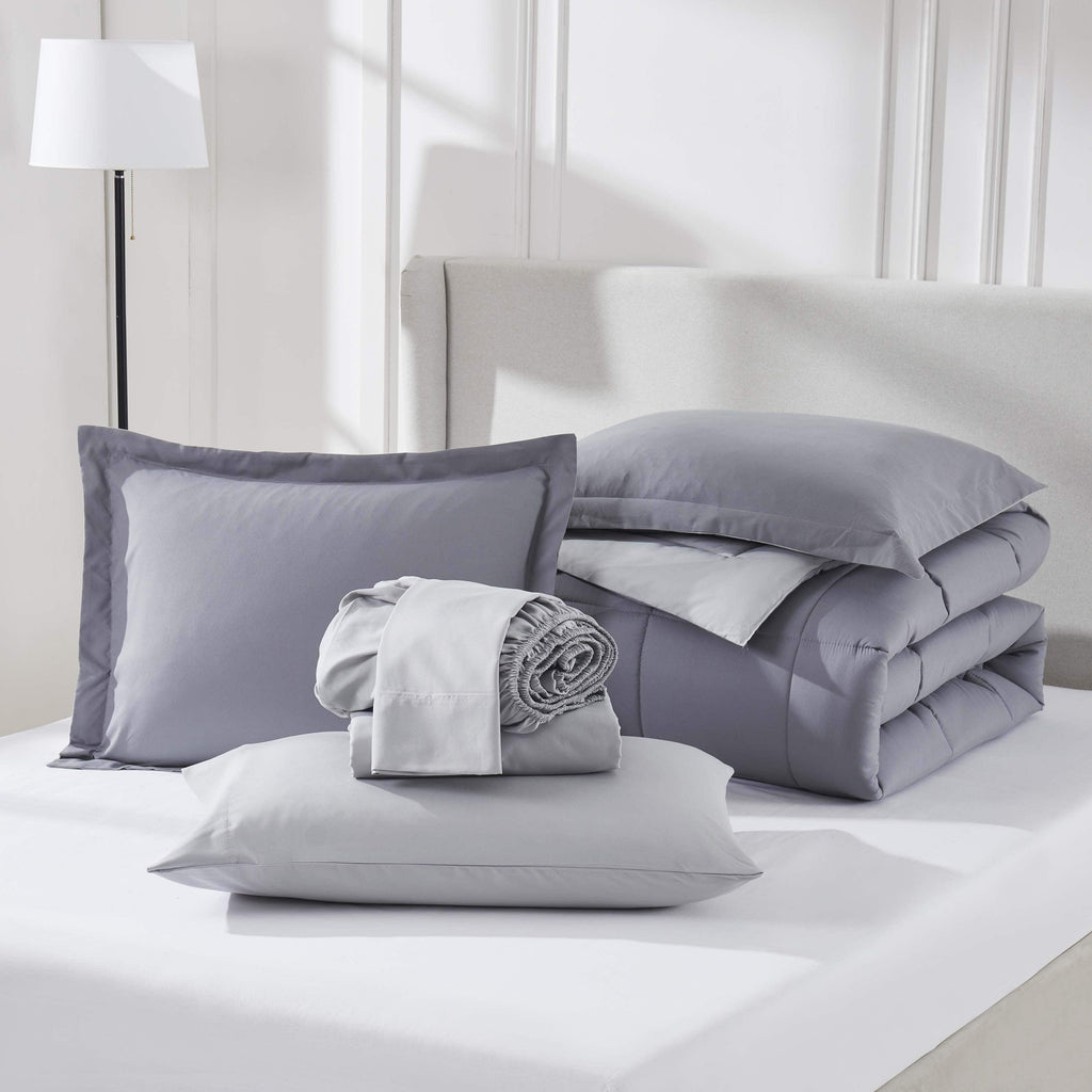 Virtu Queen Comforter Set, Bed in a bag, 7 Pc Reversible Bedding Comforter Set with Sheets, Bedding Set, Gray