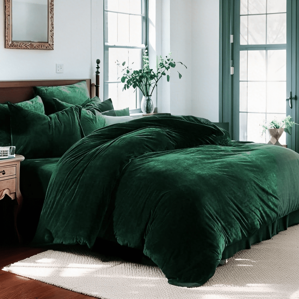 JOLUSERE Dark Green Velvet Duvet Cover King Set, 3-Piece Ultra Soft Fluffy Velvet Winter Bedding Cover