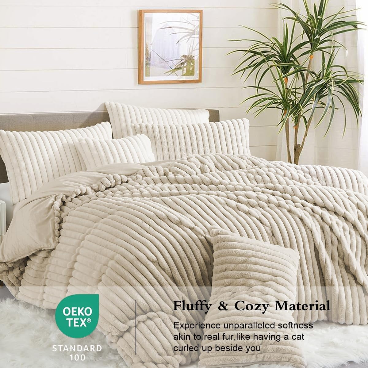 JOLUSERE Beige Fluffy Striped Duvet Cover Queen Set, 3-Piece Super Soft Faux Rabbit Fur Winter Warm Fuzzy Comforter Cover