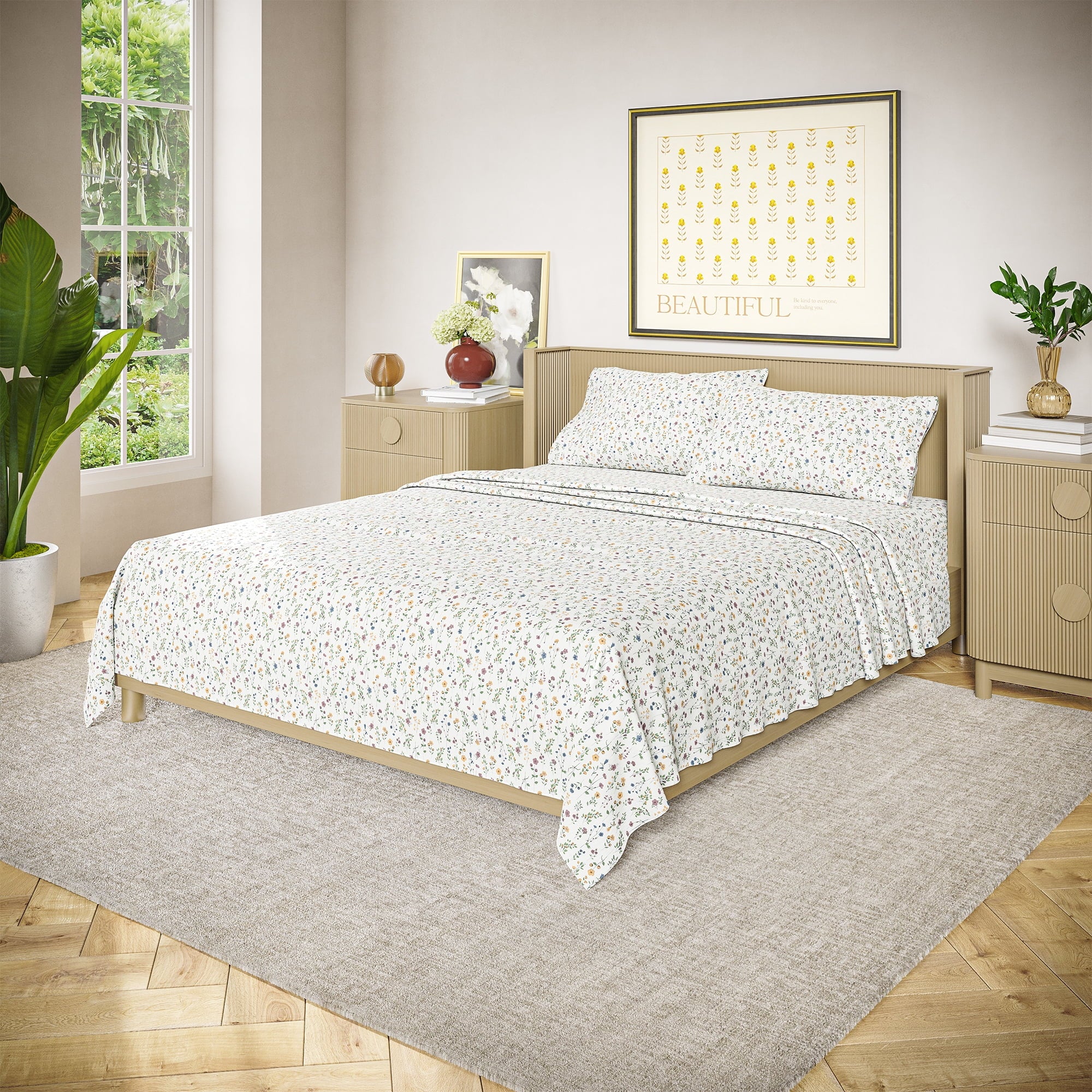 Beautiful Botanical 4-Piece 100% Cotton Washed Percale White Sheet Set, Queen by Drew Barrymore