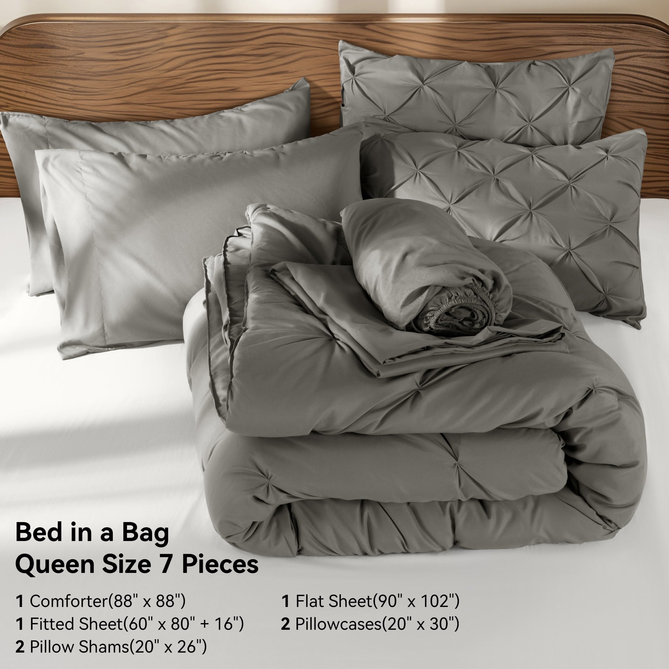 SONORO KATE Queen Comforter Set, 7 Pieces Bedding Sets for All Season, Bed in a Bag with Pleated Comforter - Flat Sheet & Fitted Sheet - Pillowcases & Shams, Gray