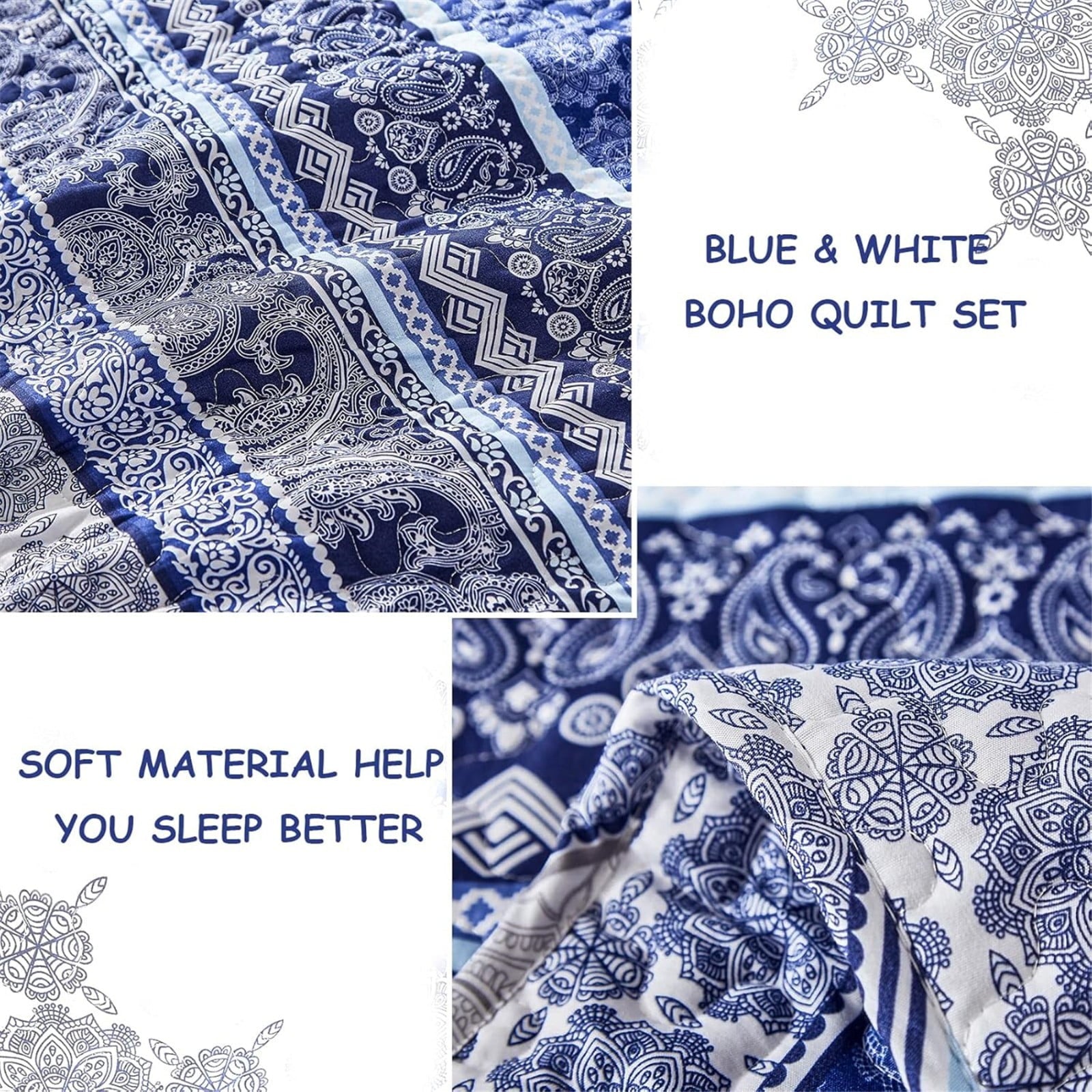 Dintszyayue Bohemian Quilt Set Queen Size,Blue Stripe 1Bedspread and 2Pillowcase Lightweight Adult(90"x96")