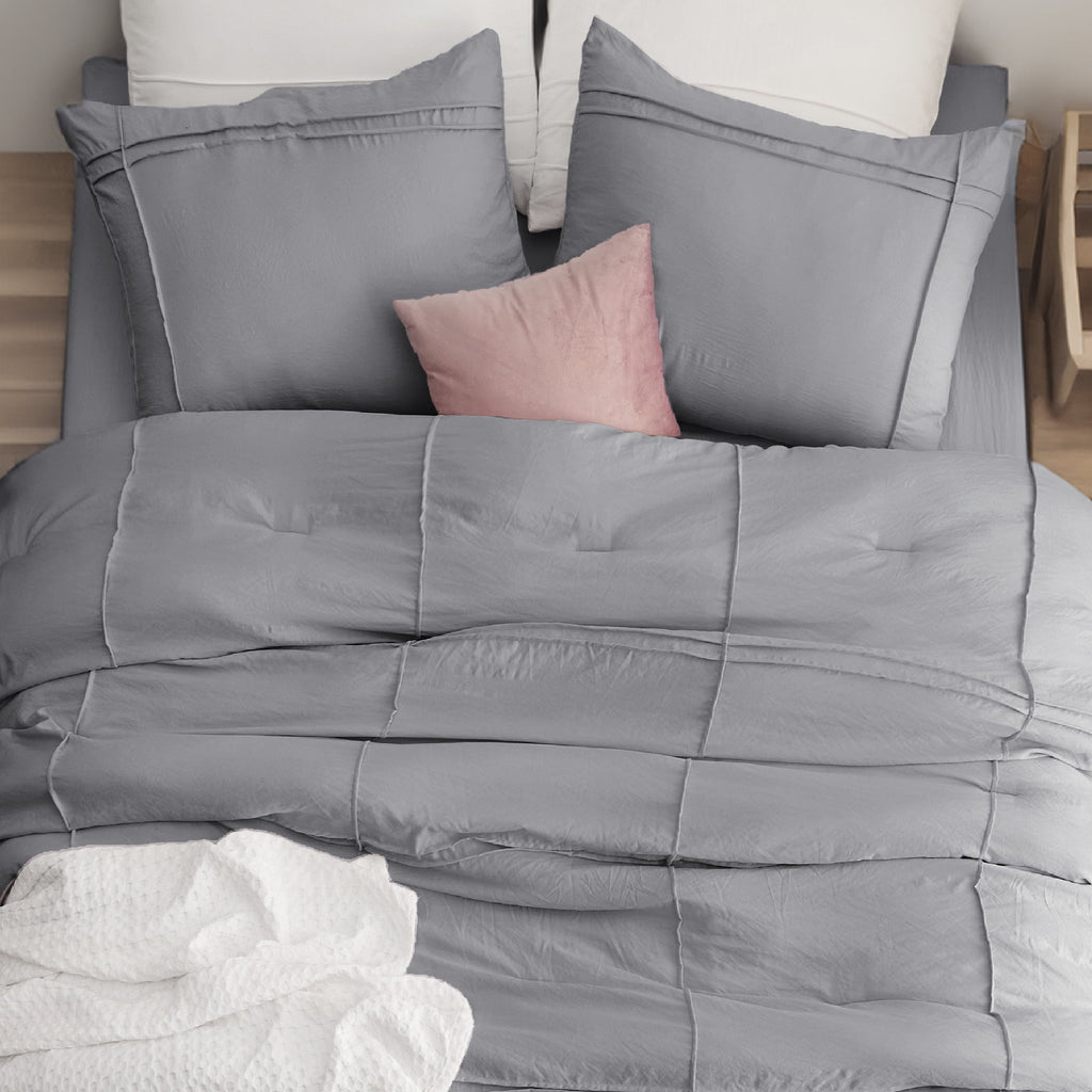Full Comforter Set with Sheet - 4 Pieces Soft Grey Bedding Sets, Grid Pinch Pleat, All Season Lightweight Fluffy Bed Set with Solid Boho Comforter, Pillowcases & Sheet