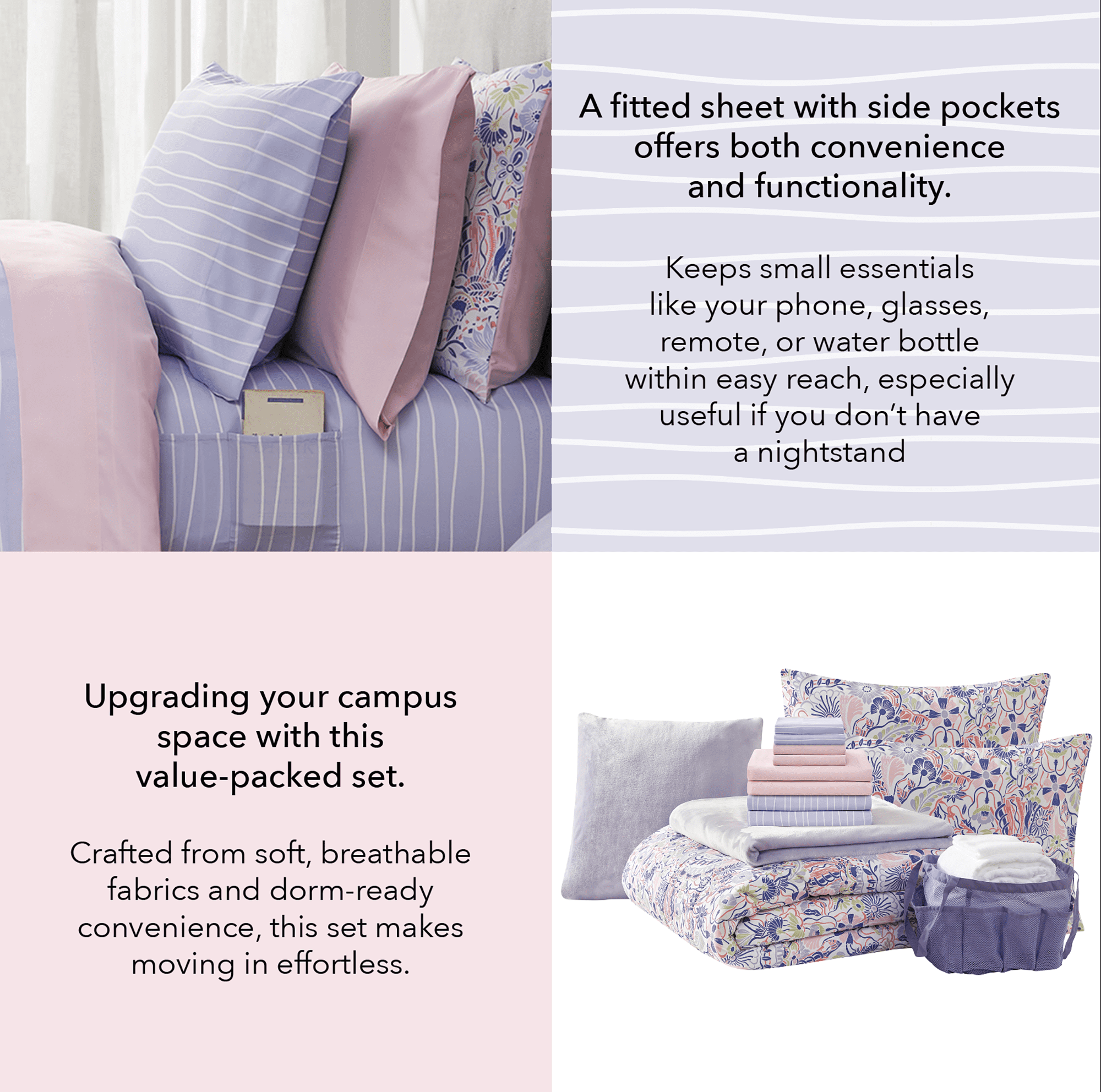 14pc College Dorm Essentials Bundle, Twin-XL, Reversible Bed in a Bag Comforter Set, Purple Floral