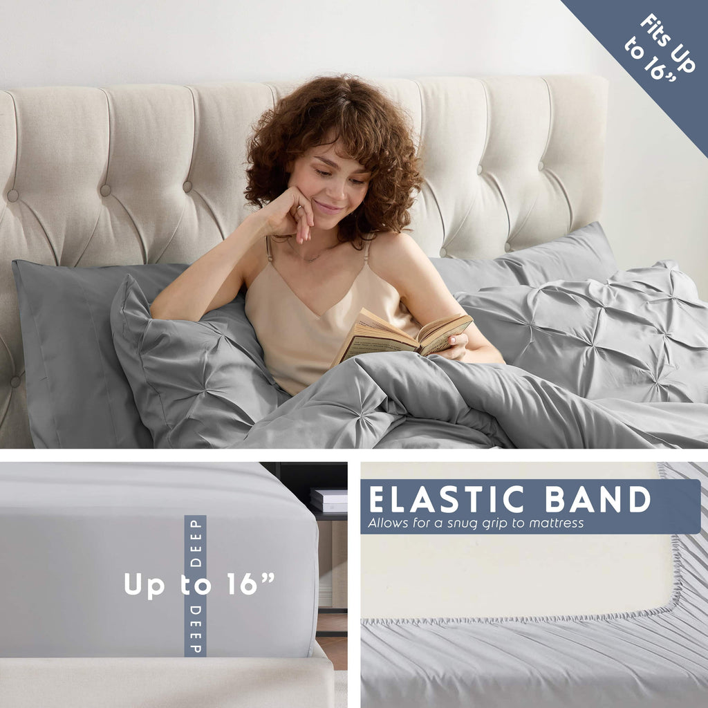 Virtu Queen Comforter Set, 7pc Bed in a Bag, Pleated Bedding Comforter Sets Queen, Gray/Silver