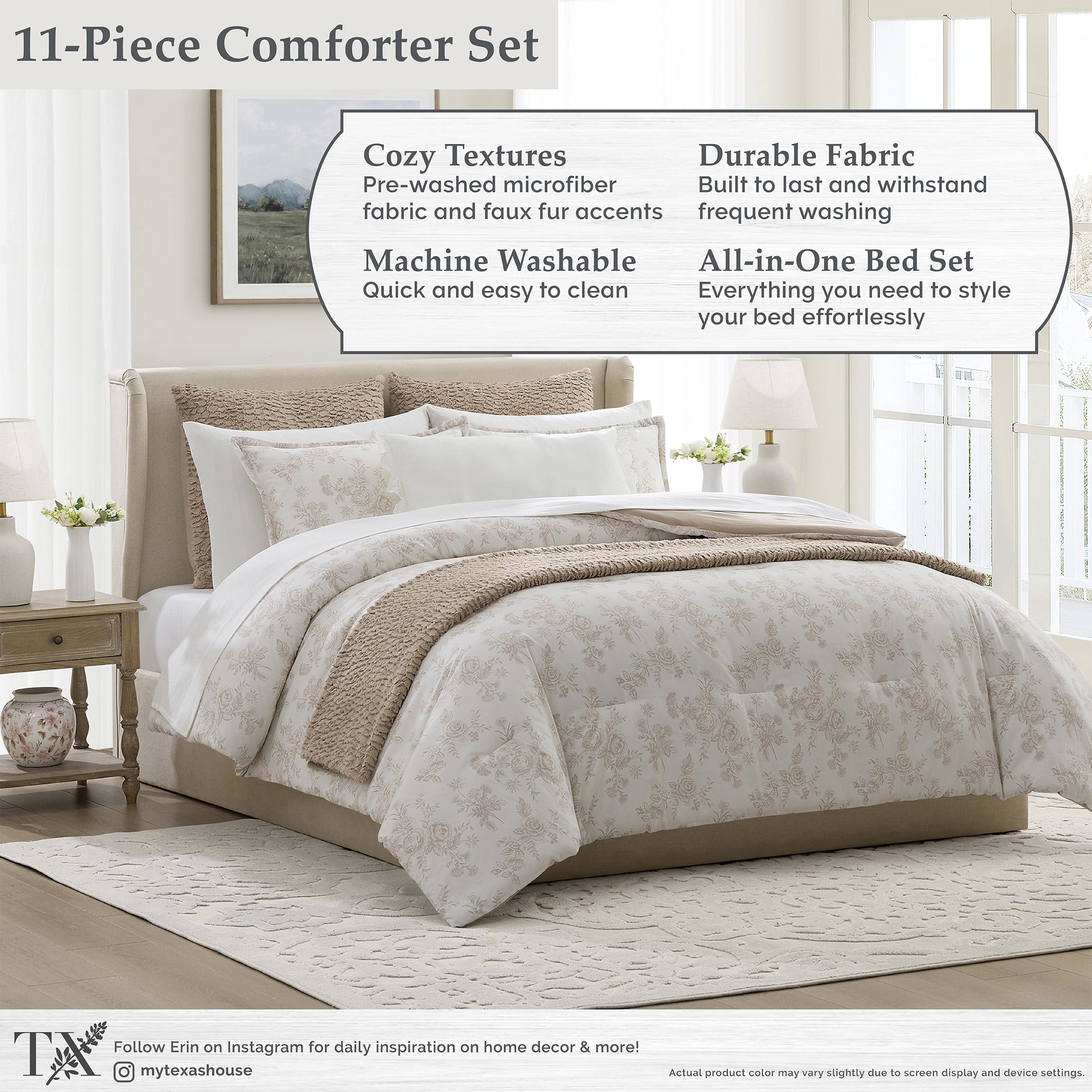 My Texas House Floral 11-Piece Comforter Set with Sheets, Taupe, Queen
