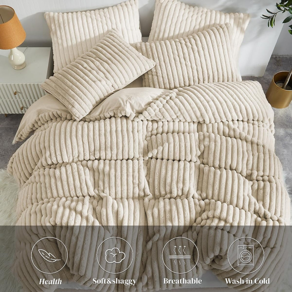 JOLUSERE Beige Fluffy Striped Duvet Cover Queen Set, 3-Piece Super Soft Faux Rabbit Fur Winter Warm Fuzzy Comforter Cover